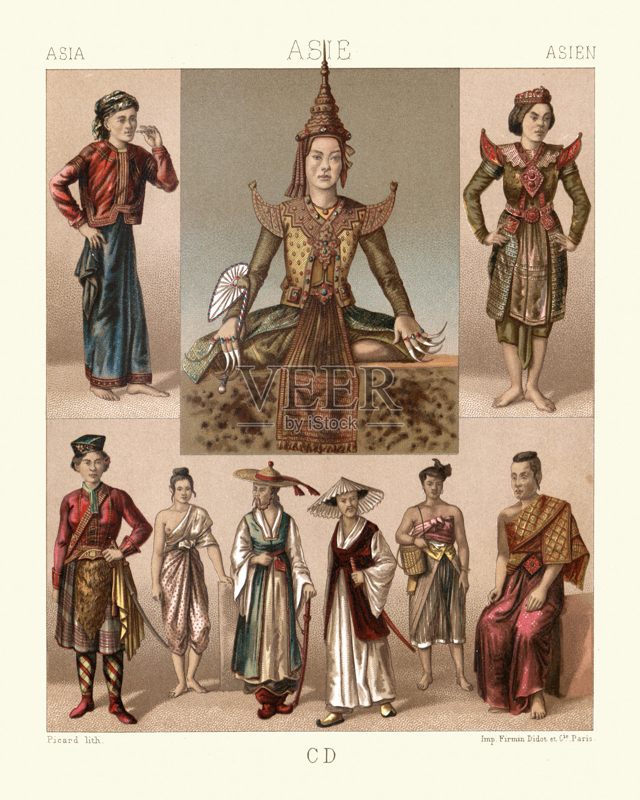 传统亚洲服饰,老挝,暹罗,韩国,19世纪插画图片素材