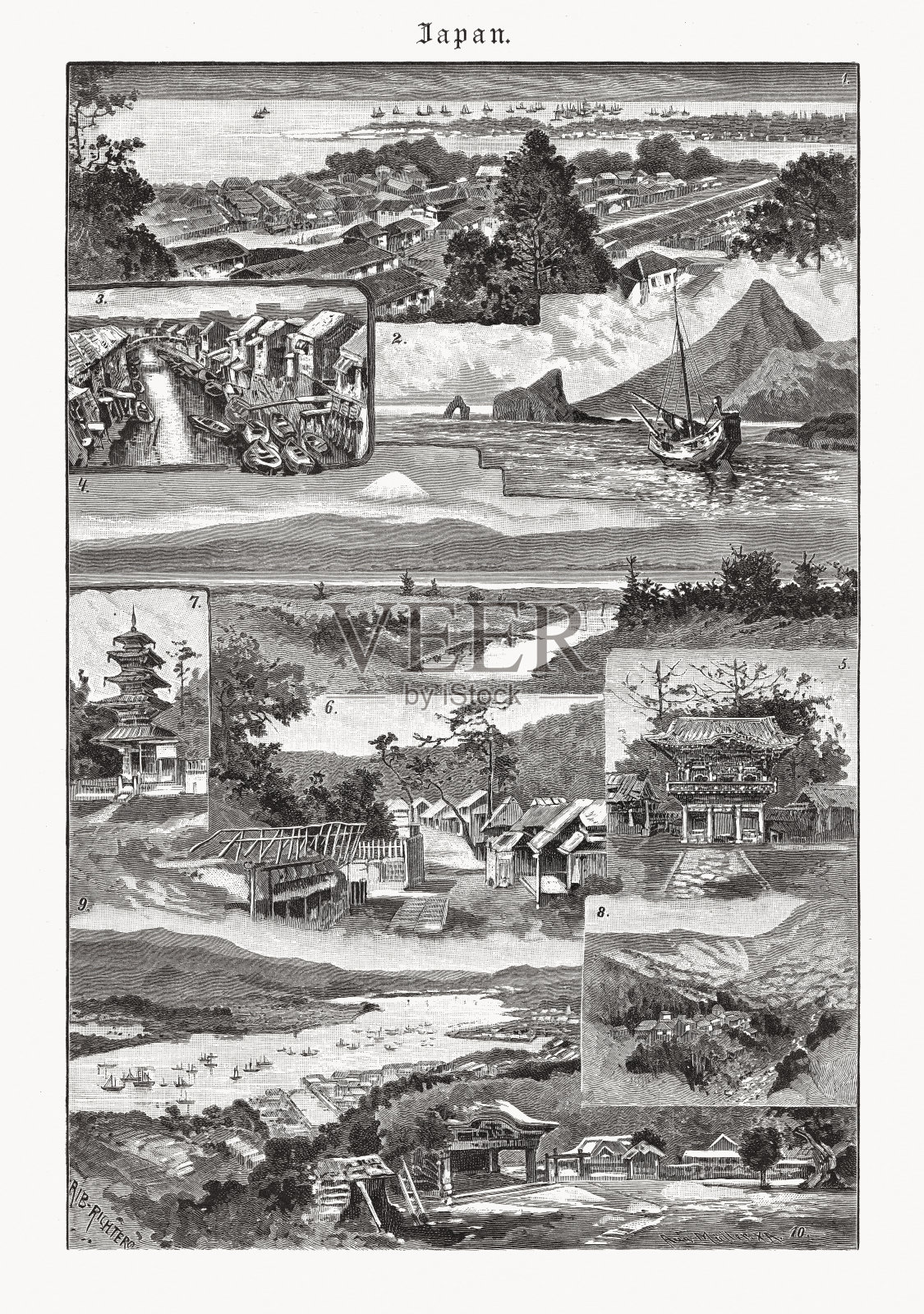 木刻《日本过去的印象》,1893年出版插画图片素材