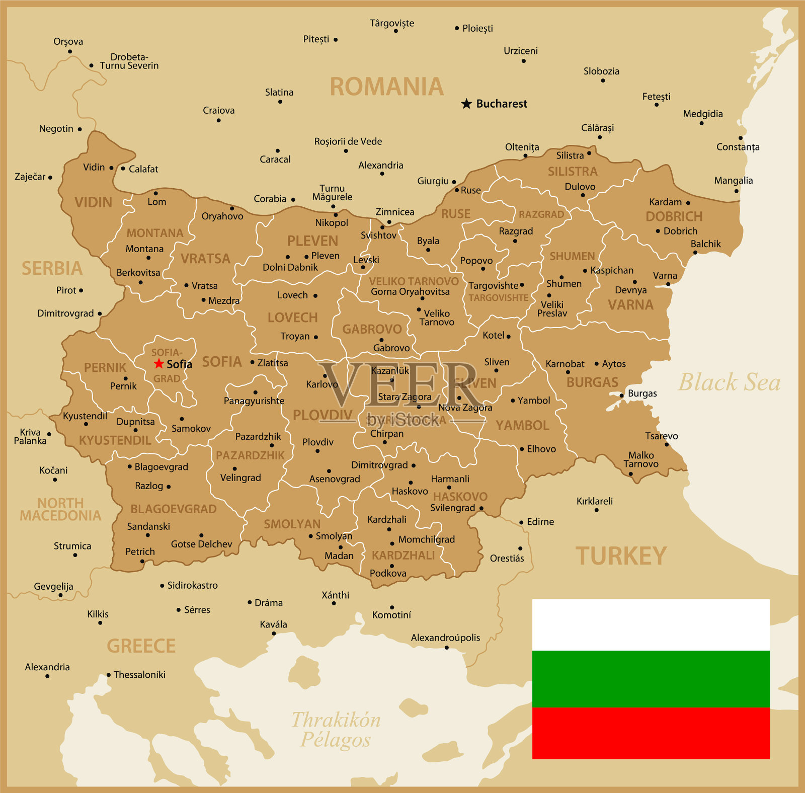 保加利亚地图。土耳其,希腊,罗马尼亚和塞尔维亚的地区,国旗,地理边界的政治地图插画图片素材