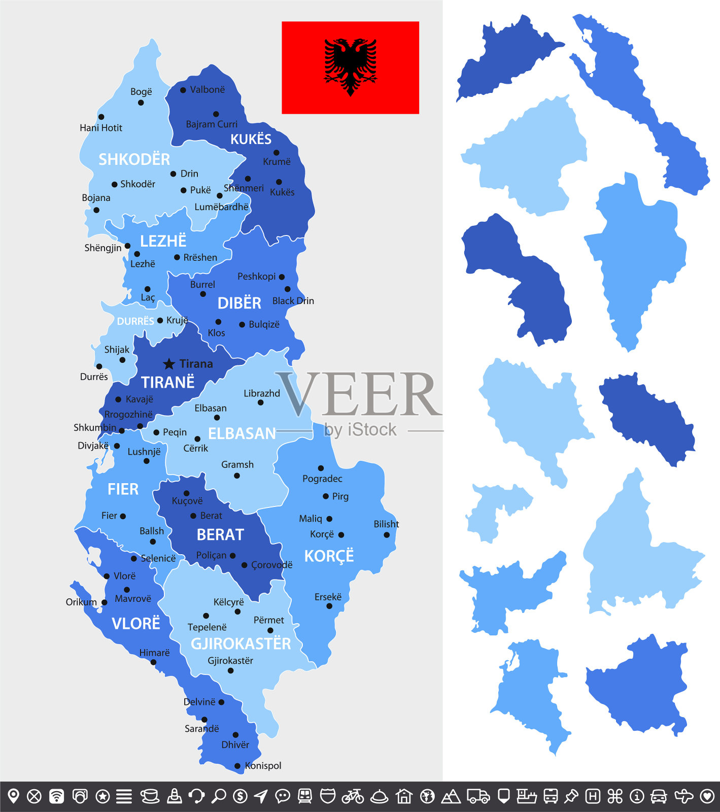 阿尔巴尼亚地图与国旗,分开的省份和导航图标插画图片素材