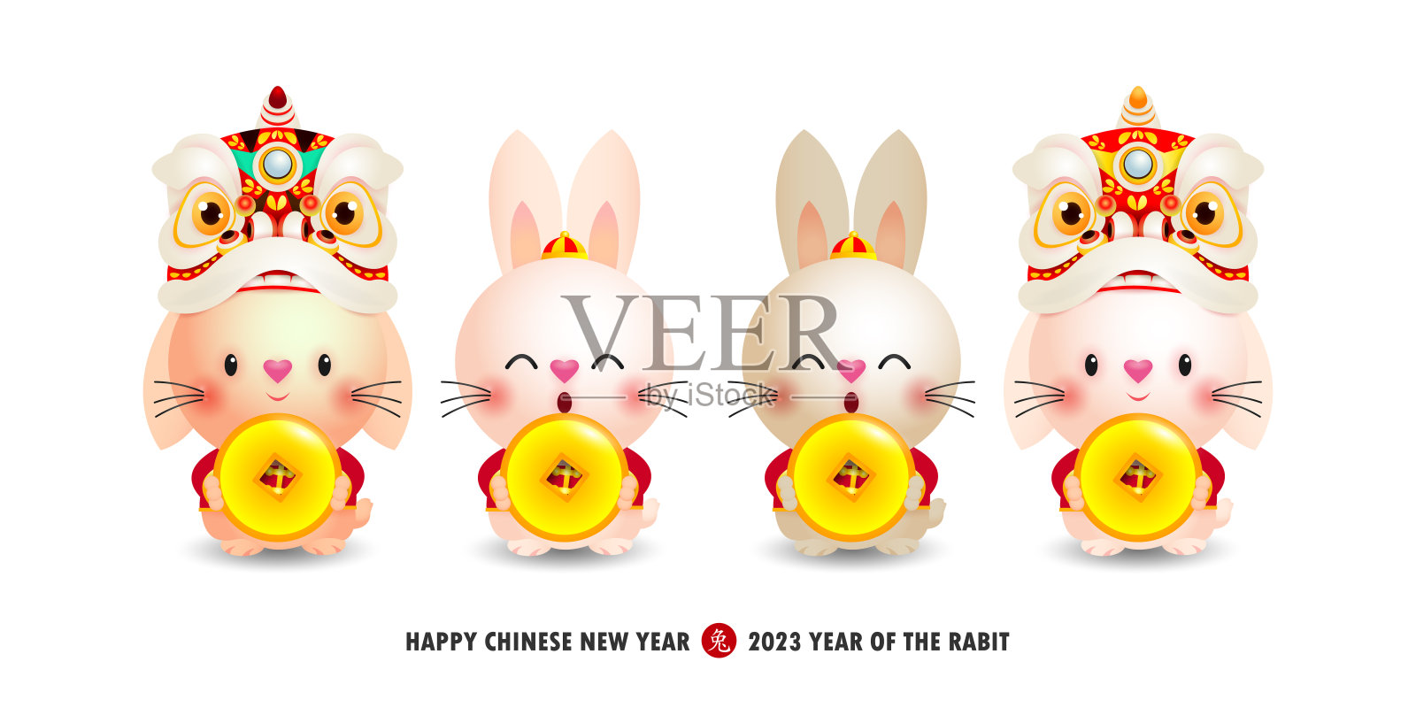四个小兔子捧着2023年中国新年的黄金生肖硬币,恭喜发财卡通孤立在白色背景矢量插图,翻译快乐中国新年插画图片素材