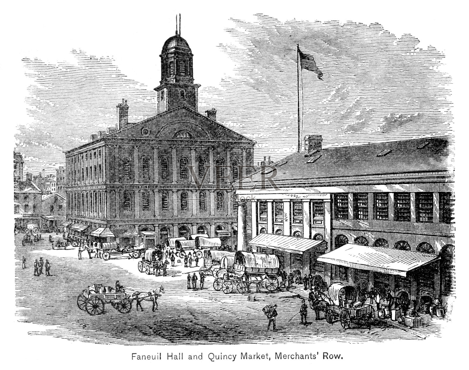 马萨诸塞州波士顿法尼尔大厅和昆西市场插画图片素材