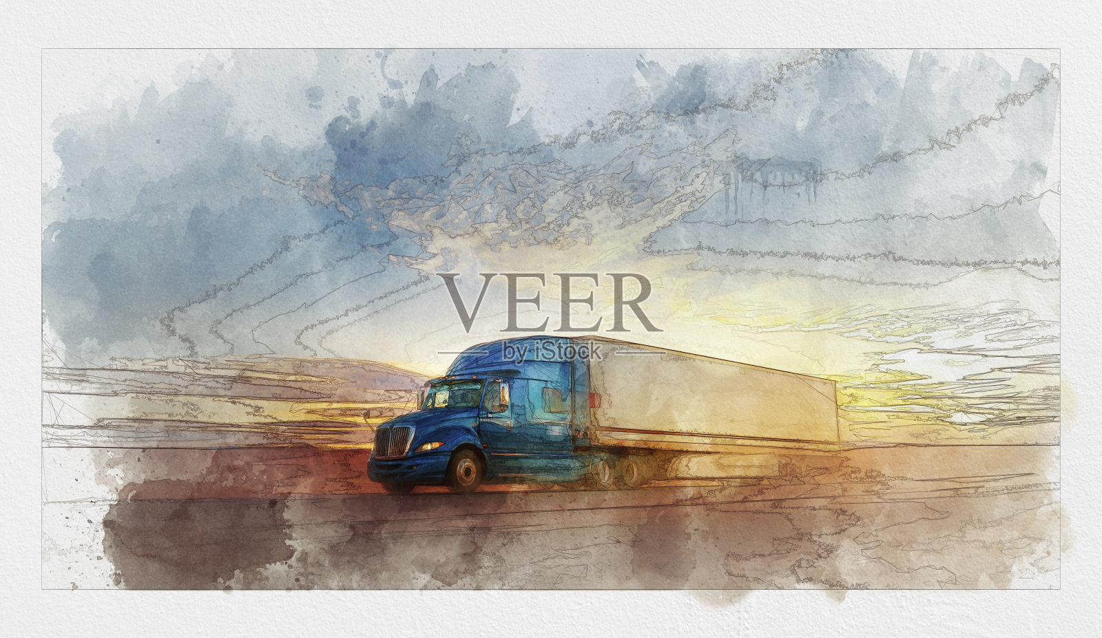 美国高速公路上的半卡车超速-混合数字技术插画图片素材