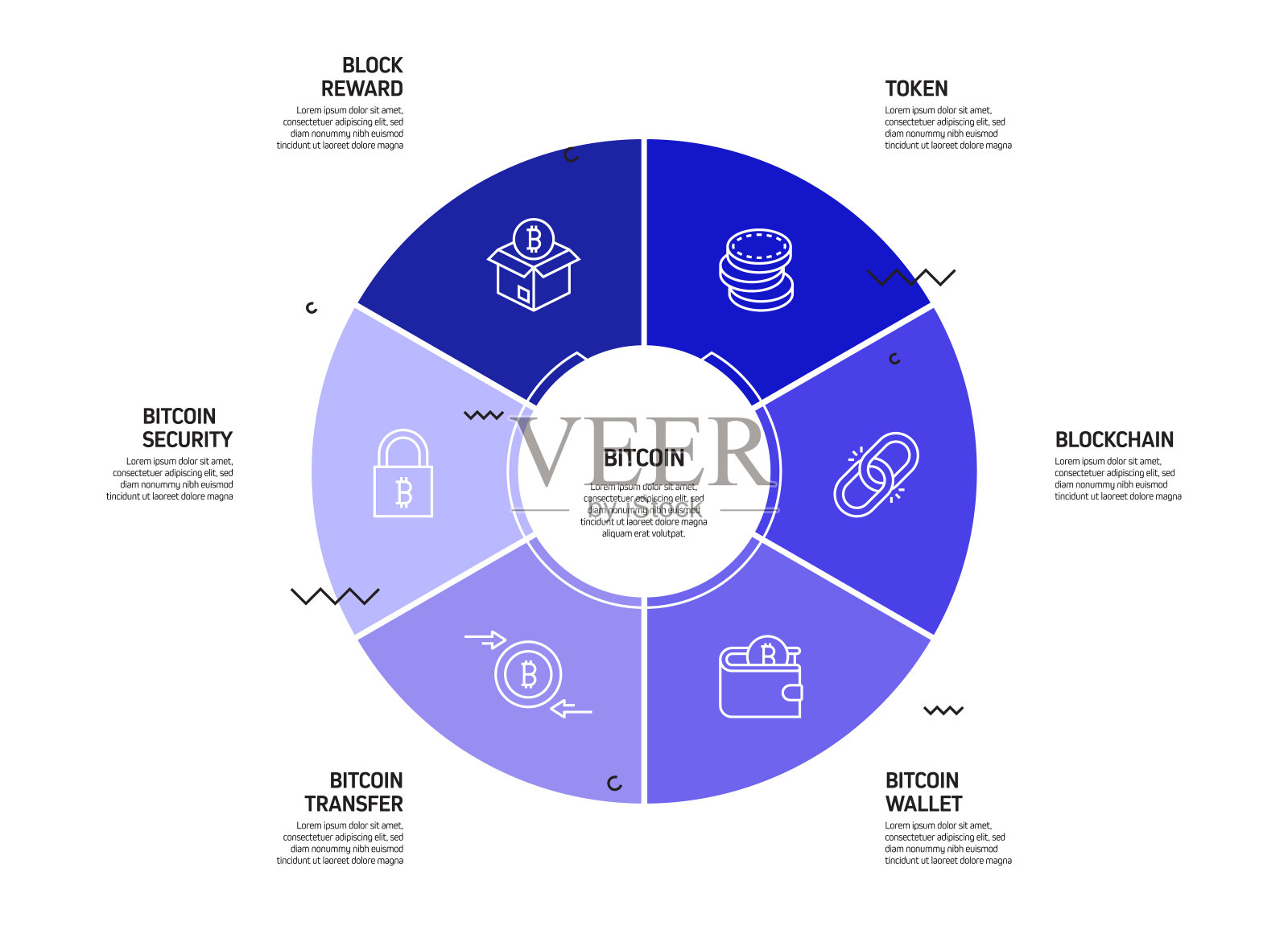 比特币相关流程信息图表模板。过程时间表图。线性图标的工作流布局插画图片素材