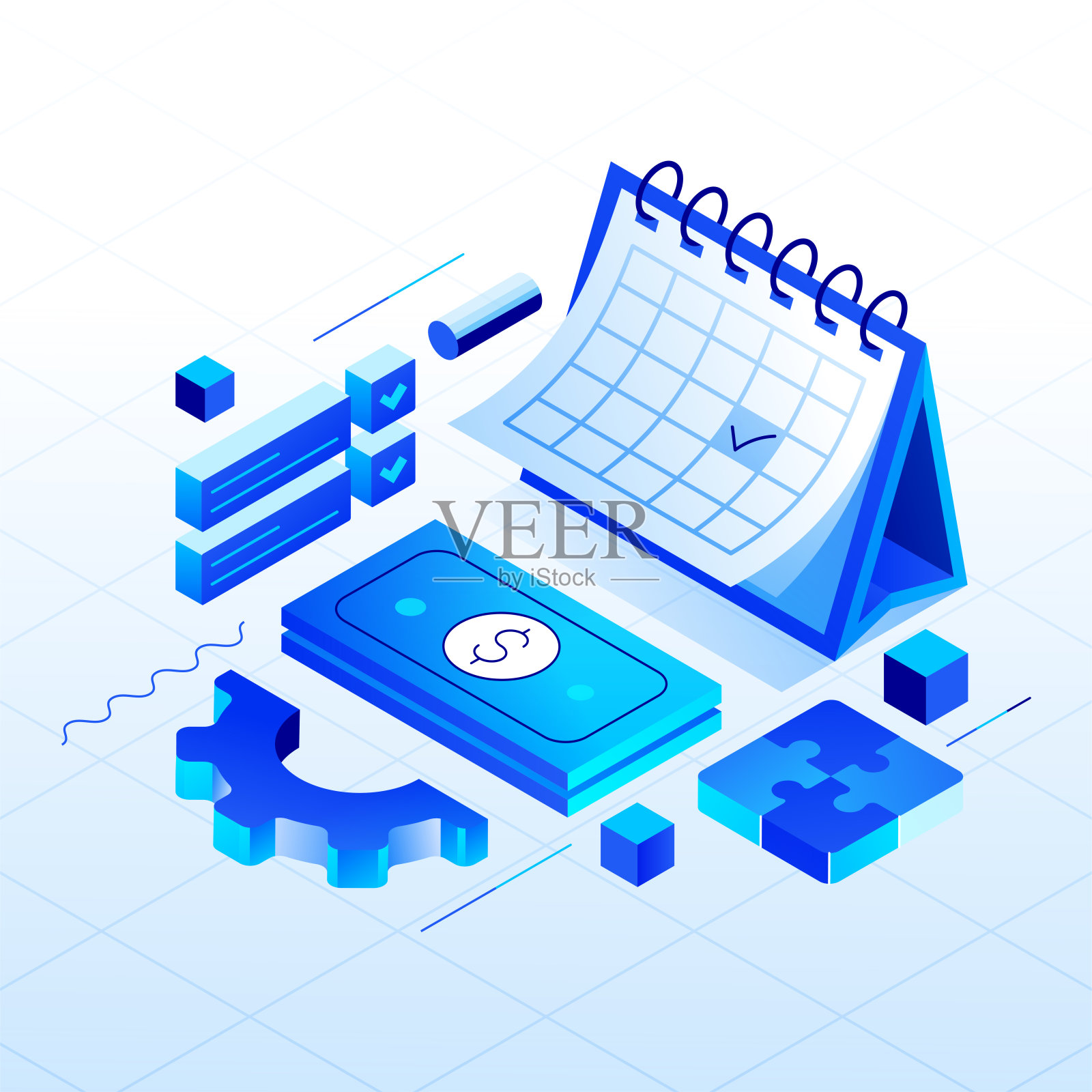 矢量插图的业务计划等距图标集和三维,网页横幅设计。工作流程,战略,金钱,投资,公司。插画图片素材