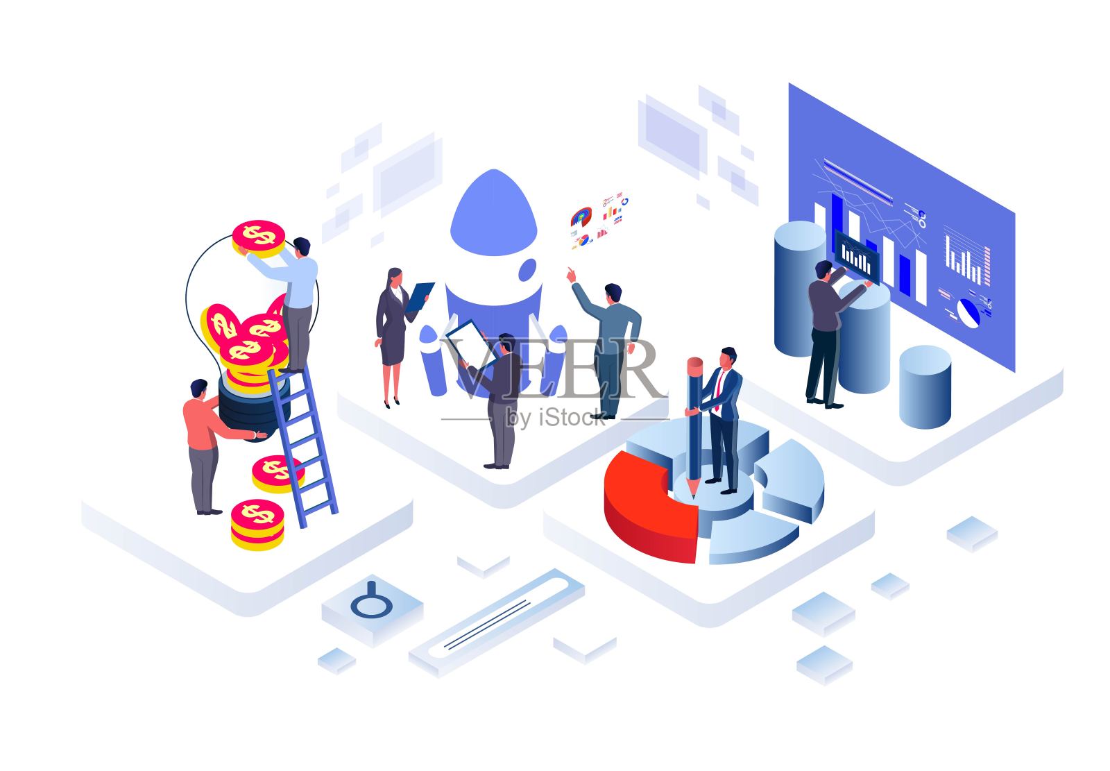 团队启动新项目,创意和投资,项目启动,头脑风暴,运营和营销数据统计,数据分析和管理插画图片素材