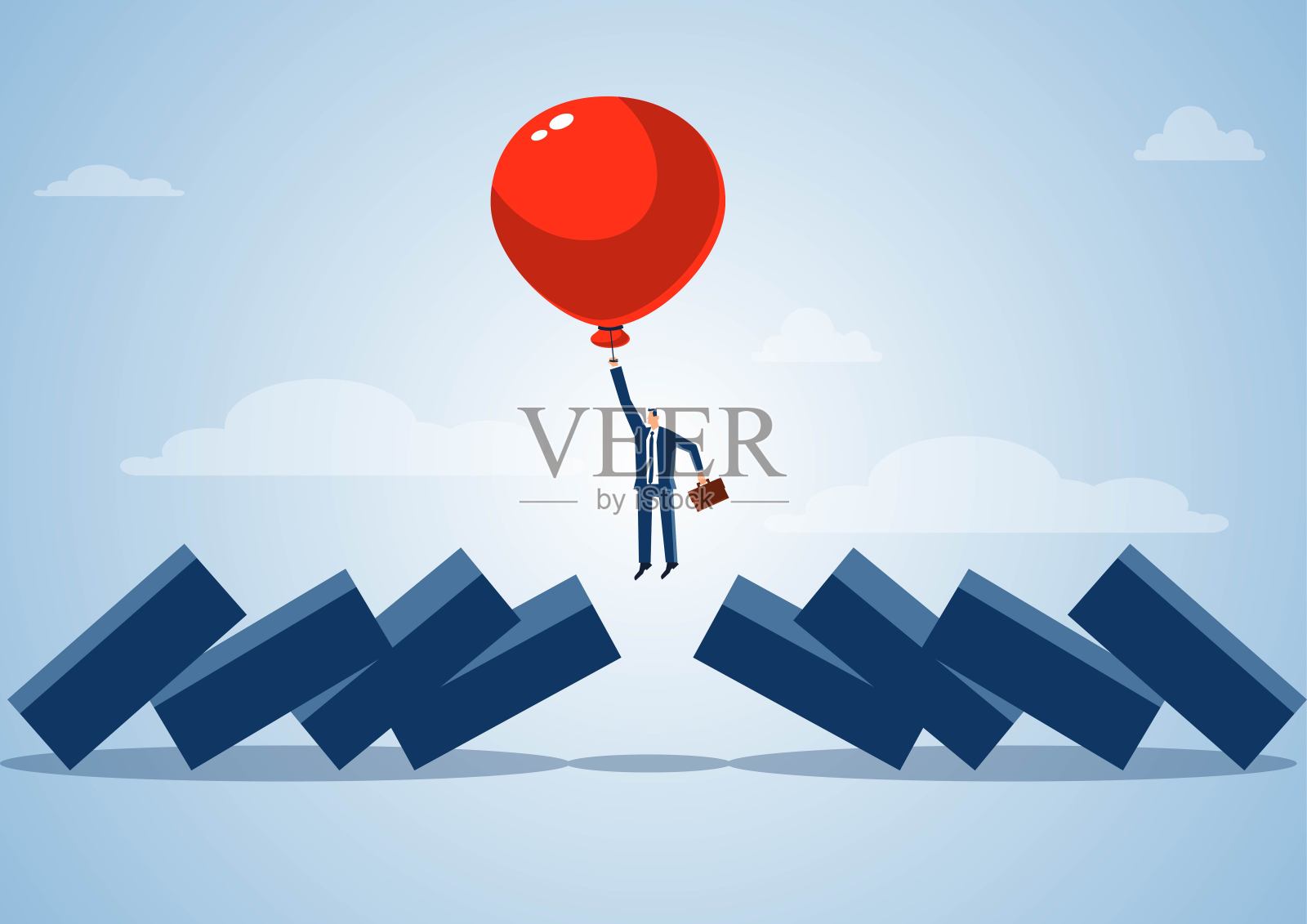 聪明的商人预测、管理和规避金融风险,气球带着商人飞向空中,避免多米诺骨牌落下砸到商人,阻止经济危机的冲击和危害。插画图片素材