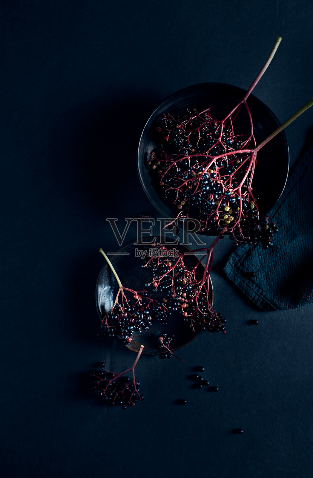 新鲜采摘的接骨木黑石背景。健康天然的食物。国产水果照片摄影图片