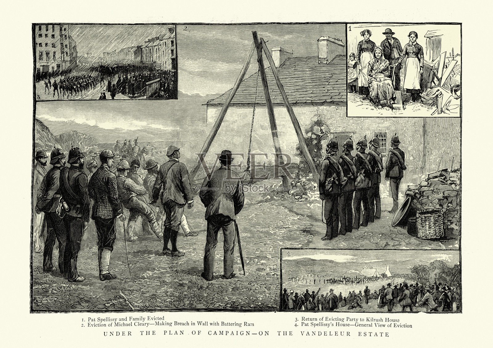 19世纪,爱尔兰,被逐出范德勒庄园的家庭插画图片素材