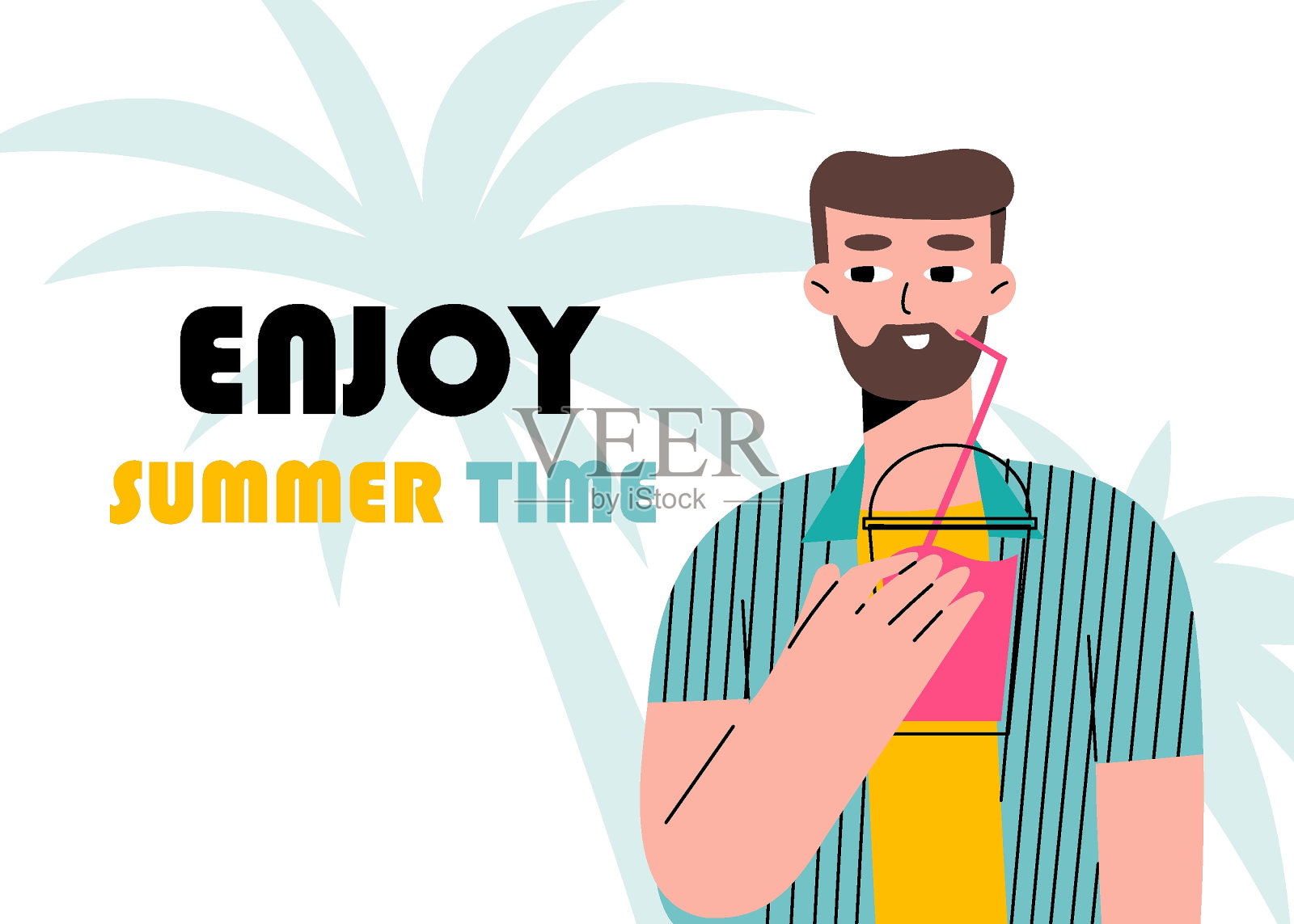 在棕榈树背景下,男人手持清爽的夏日鸡尾酒,尽情享受夏日饮品的酷爽插画图片素材