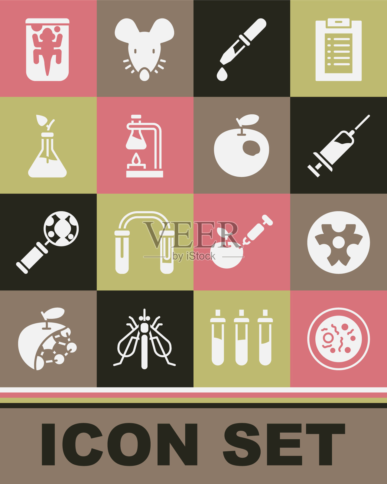 设置细菌培养皿,生物危害标志,注射器,移液管,试管烧瓶在火上,植物育种,实验动物和转基因苹果图标。向量图标素材