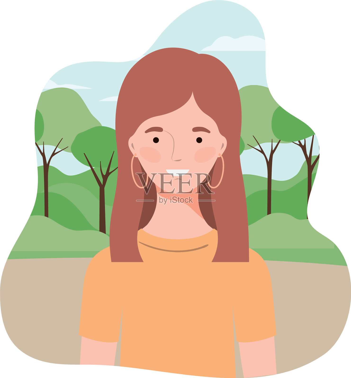 年轻女子与景观背景插画图片素材