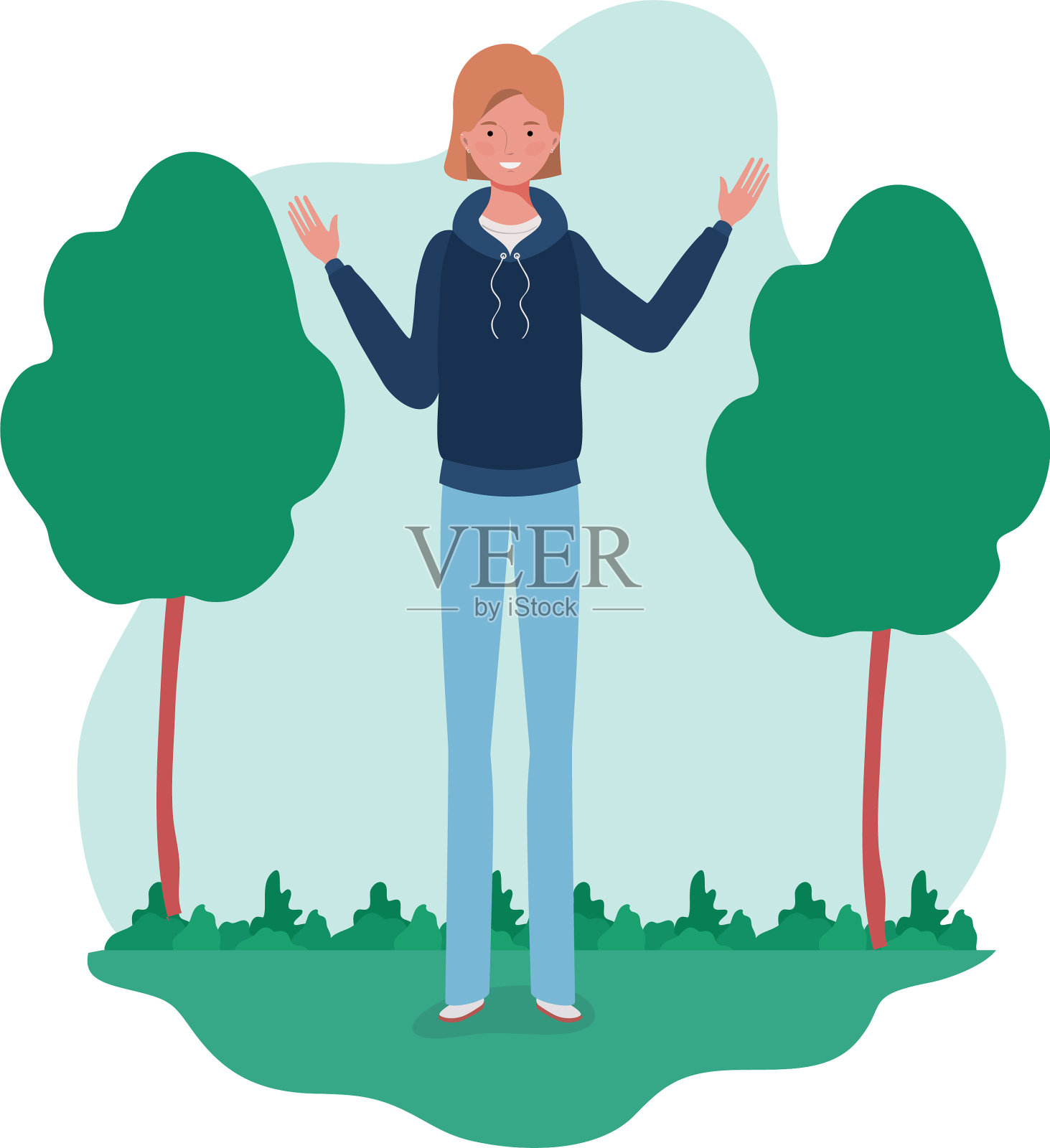 年轻女子站在风景背景插画图片素材