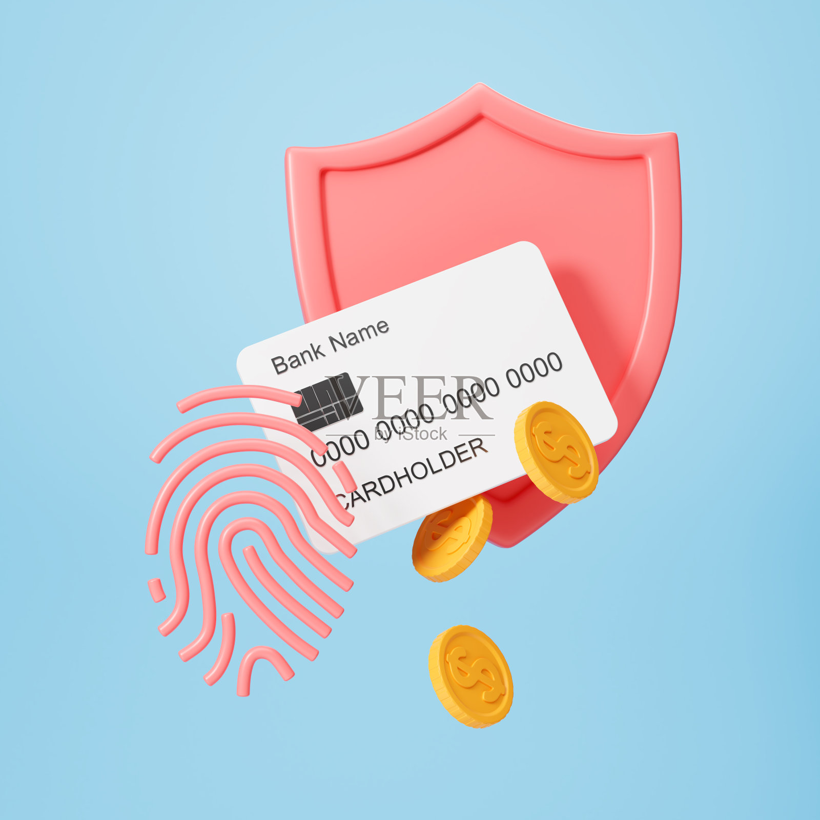 信用卡,指纹和盾牌,网络安全概念照片摄影图片