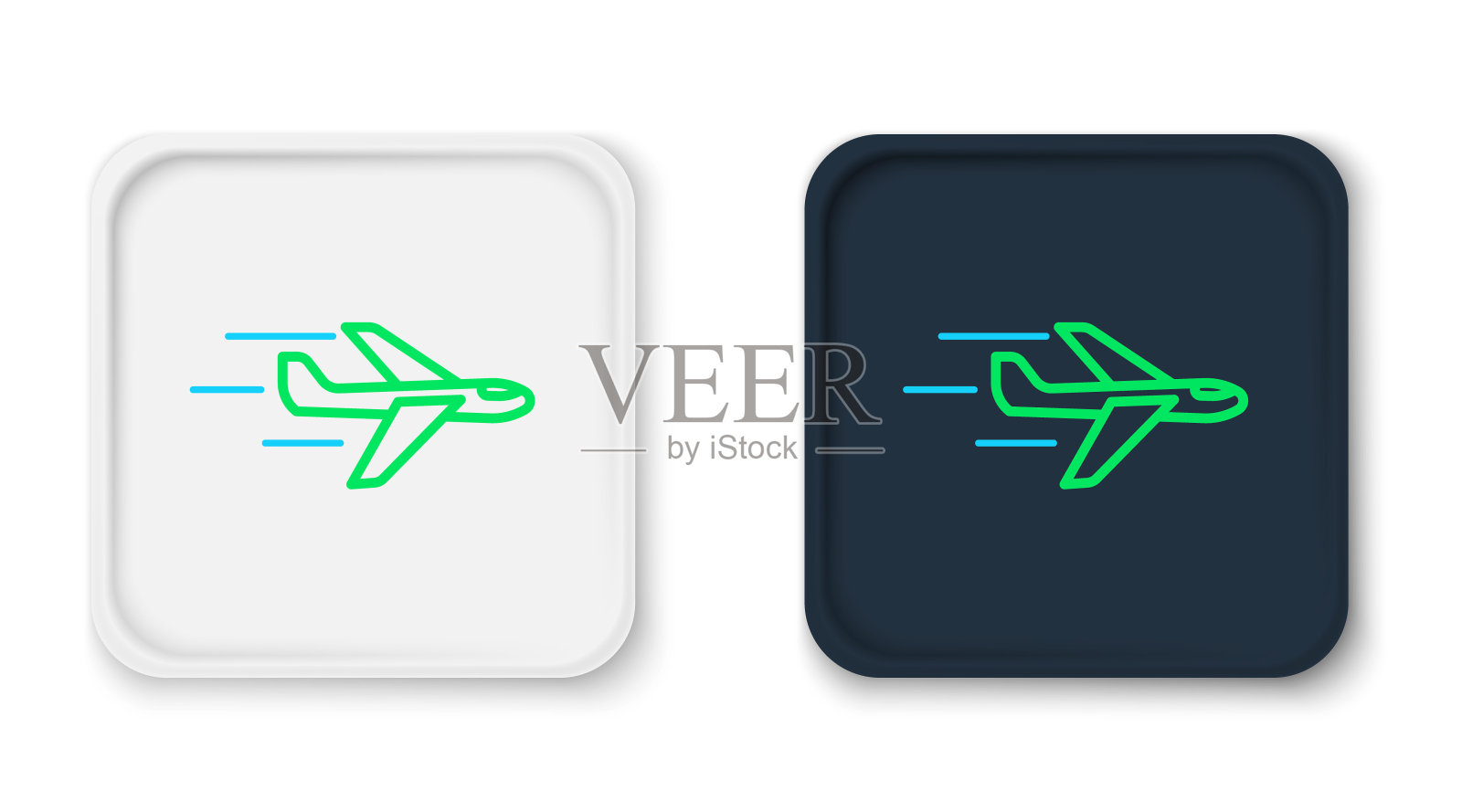 线平面图标隔离在白色背景。飞行的飞机图标。客机的迹象。色彩缤纷的轮廓概念。向量图标素材