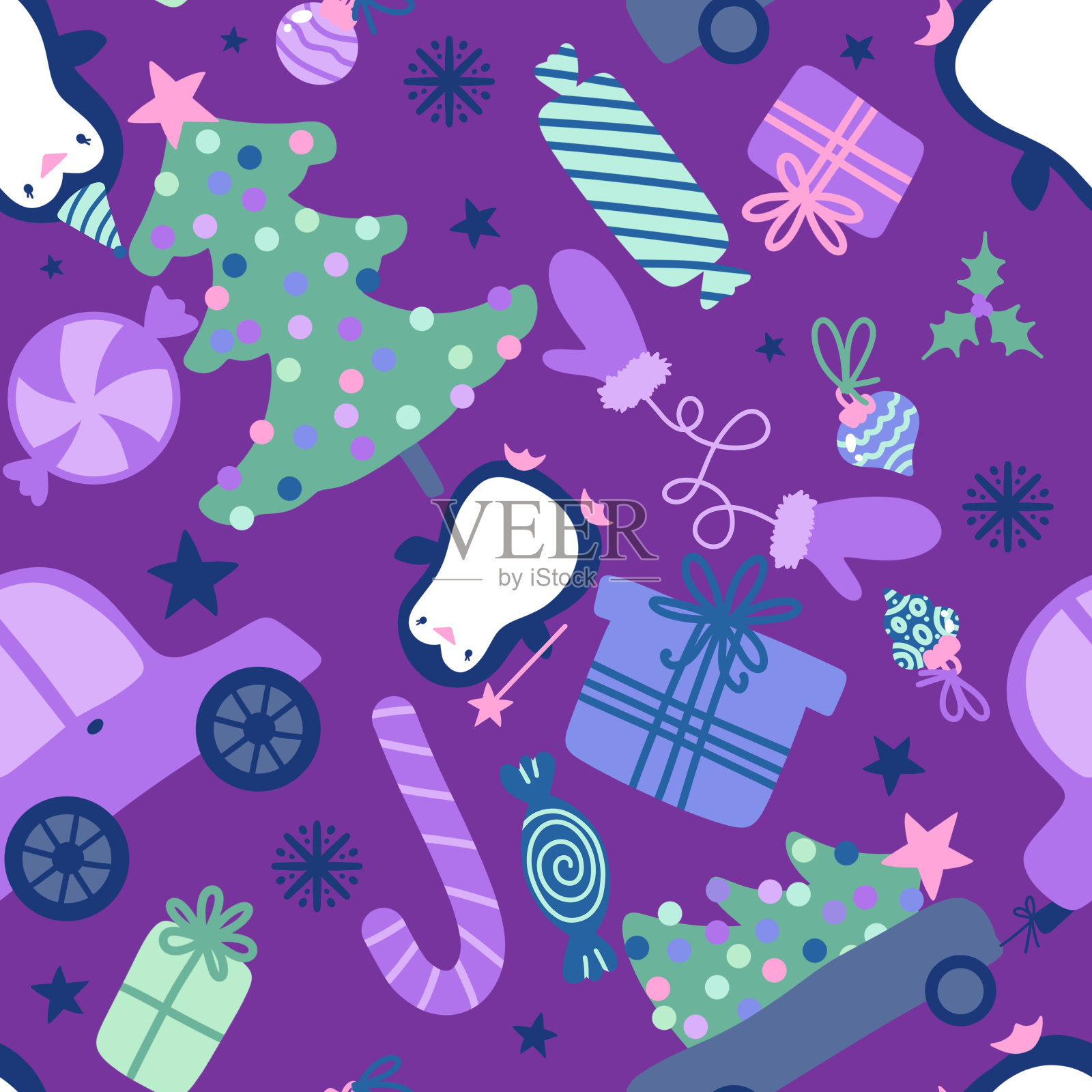 冬季圣诞无缝卡通图案包装纸及面料插画图片素材