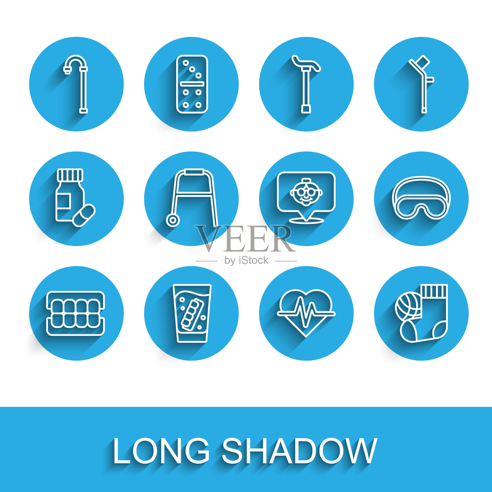 假下巴,玻璃,手杖手杖,心率,袜子,步行者,眼睛睡眠面罩和祖母图标。向量插画图片素材