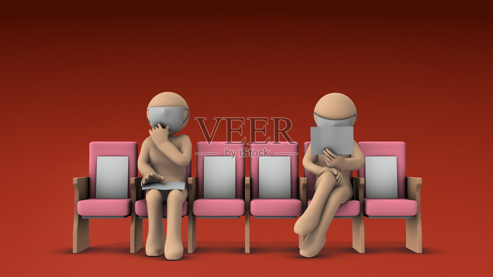 两名病人在候诊室保持社交距离。耐心和厌恶。一个抽象的概念,表达了一种阻塞和不便的感觉。热红色背景。3 d渲染。照片摄影图片