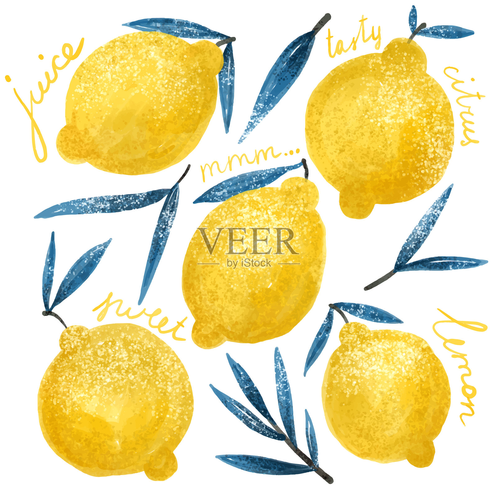 柠檬。抽象的现代一套柠檬剪贴画在白色的背景。新鲜柠檬印花。极简主义柠檬。柑橘类水果海报。用于织物、纺织品、服装、包装纸、墙纸、海报的图形元素。插画图片素材