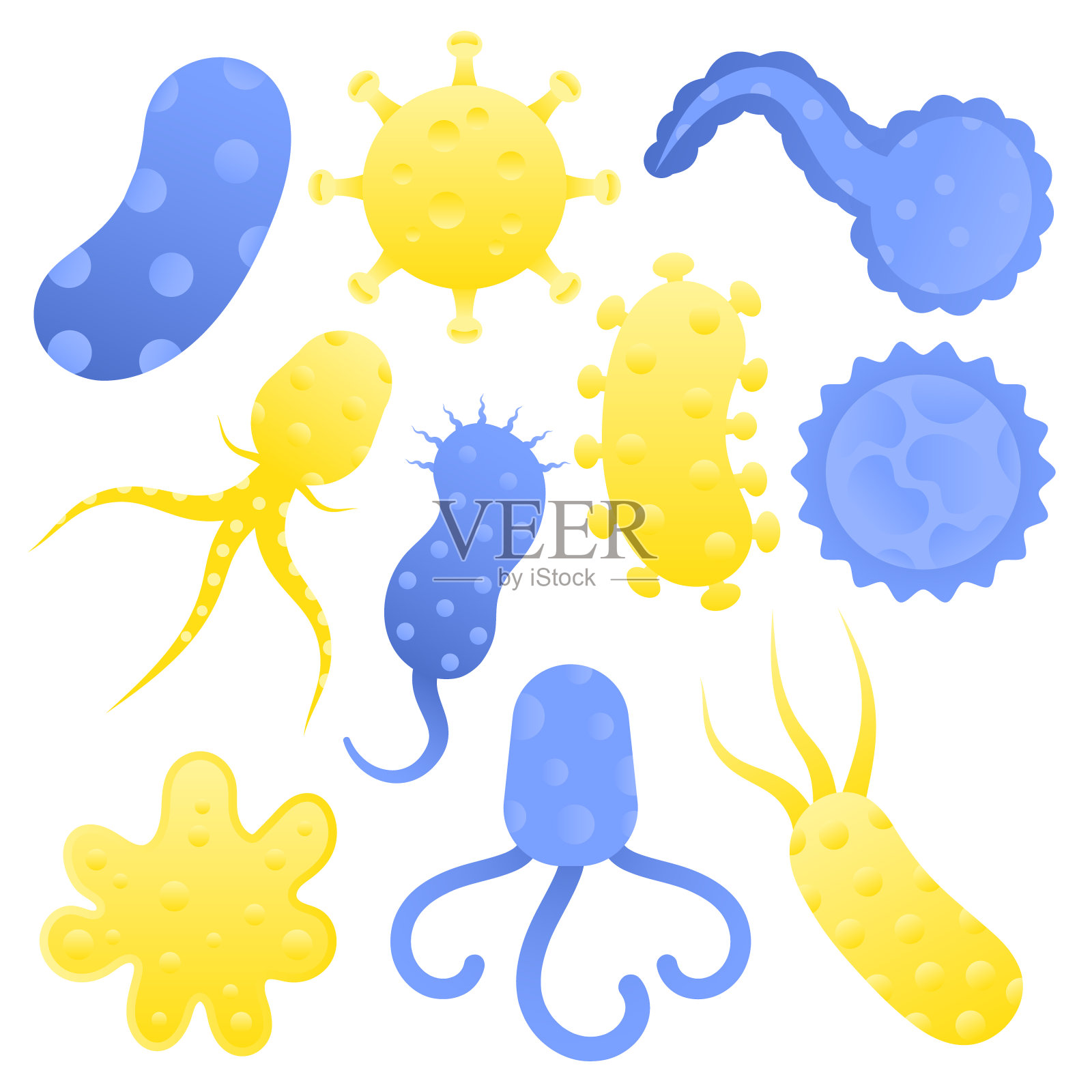 一套卡通载体病毒和细菌,卡通元素的病毒和细菌。插画图片素材