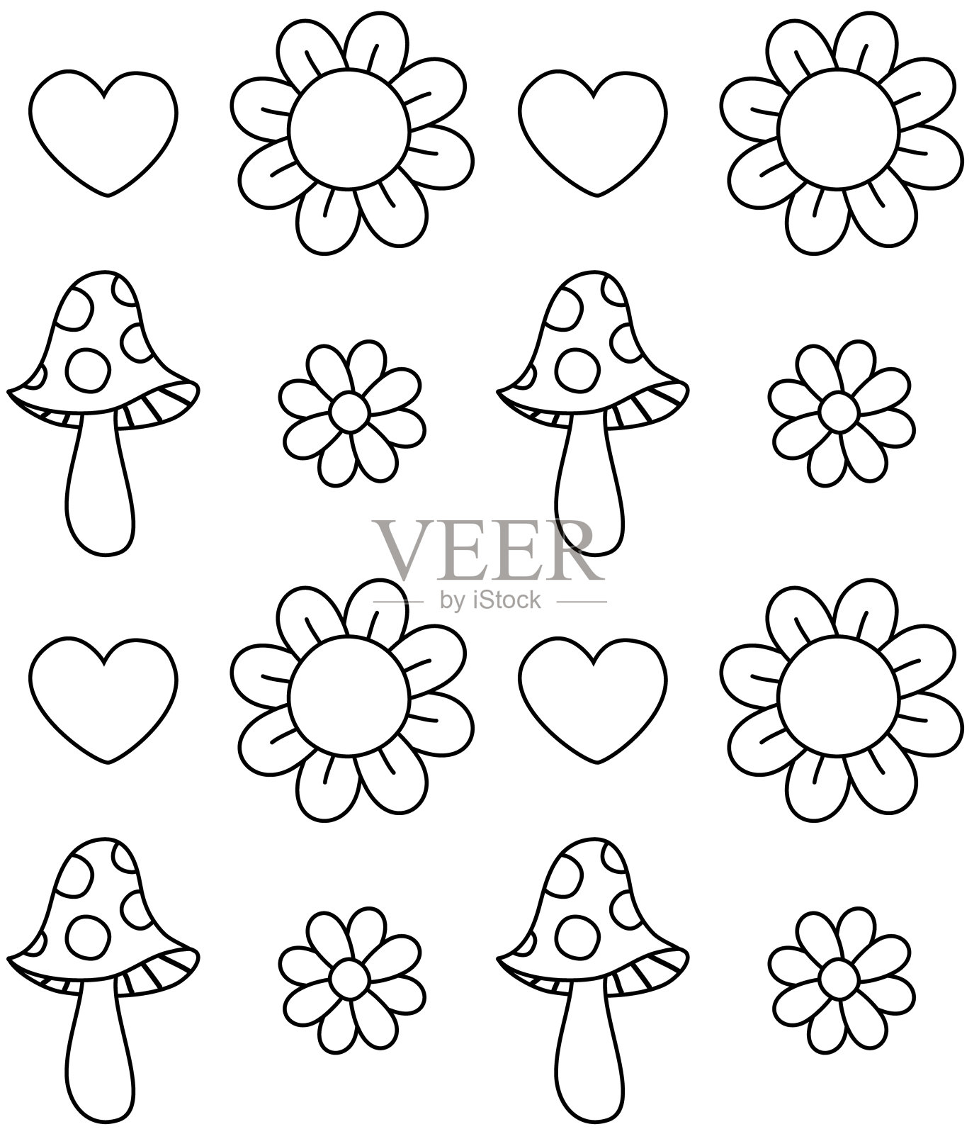 矢量无缝模式的复古groovy轮廓花和蘑菇插画图片素材