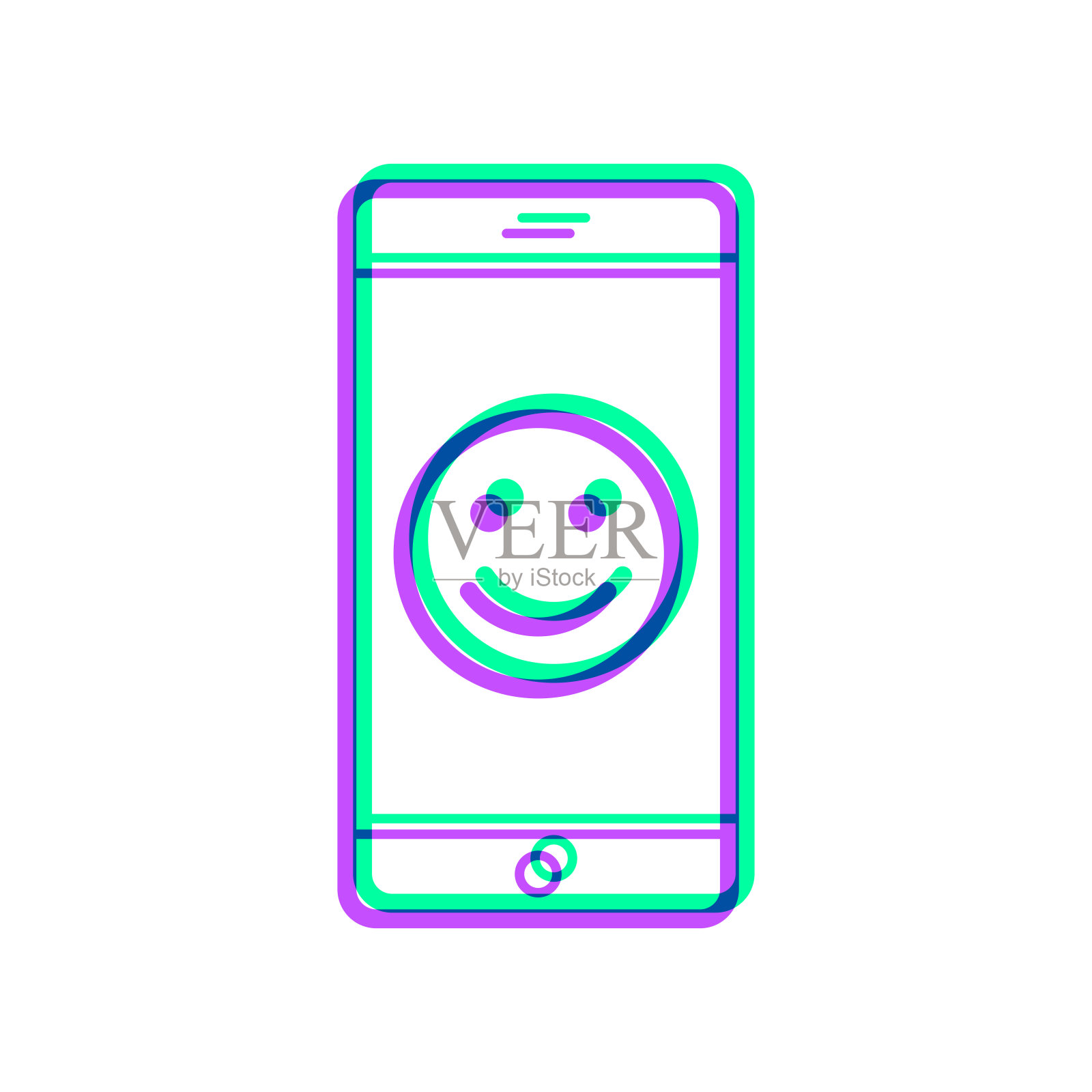 有快乐表情的智能手机。图标与两种颜色叠加在白色背景上插画图片素材