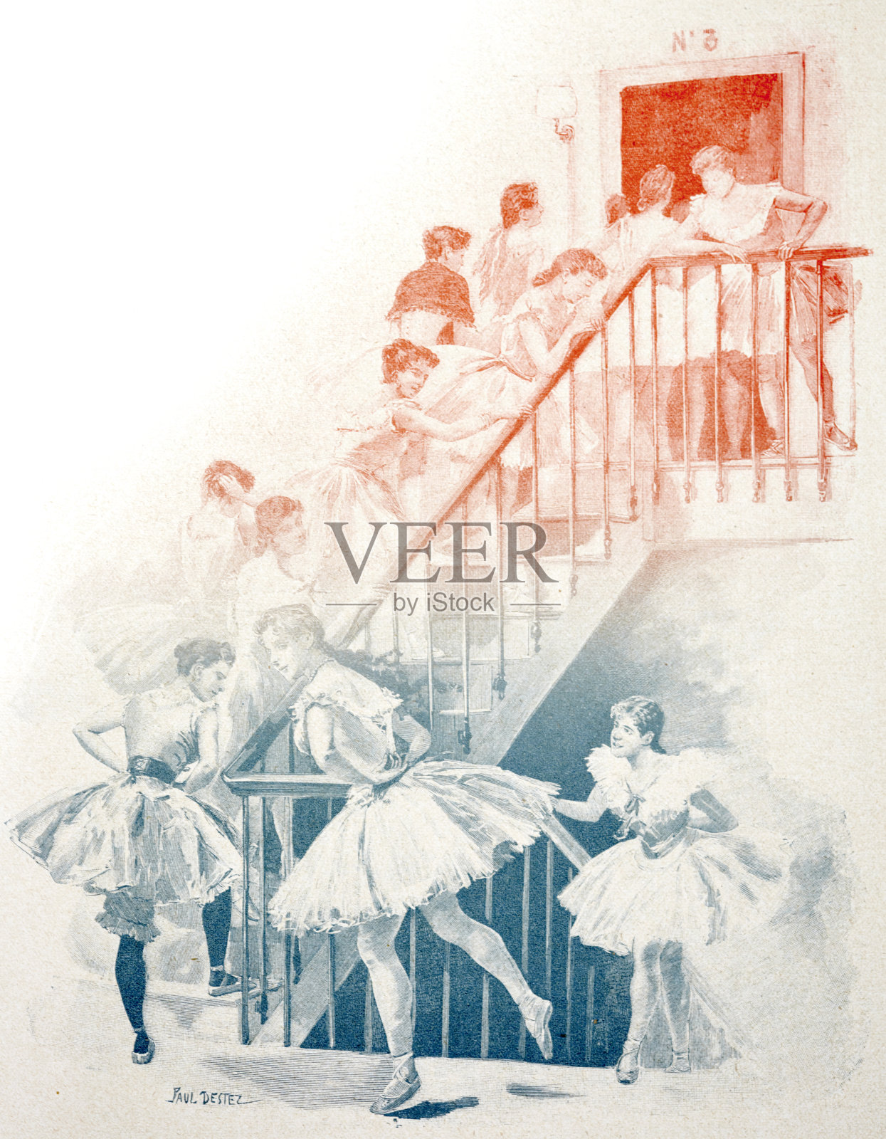 芭蕾舞训练结束后,年轻女士们走上楼梯去更衣室插画图片素材