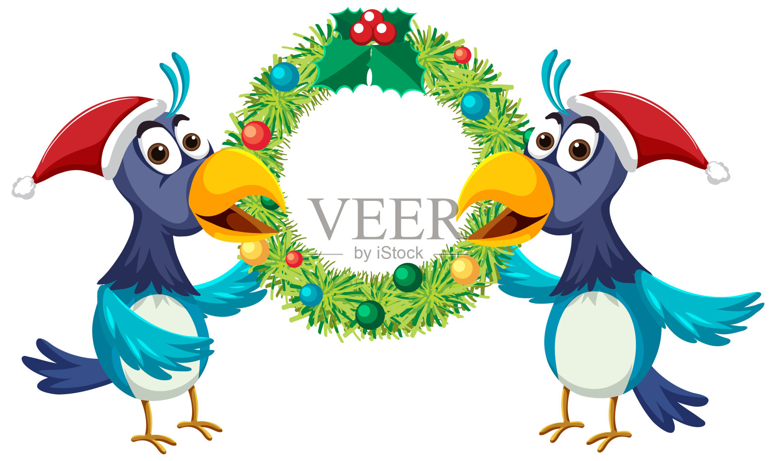手持圣诞花环的蓝鸟卡通人物插画图片素材