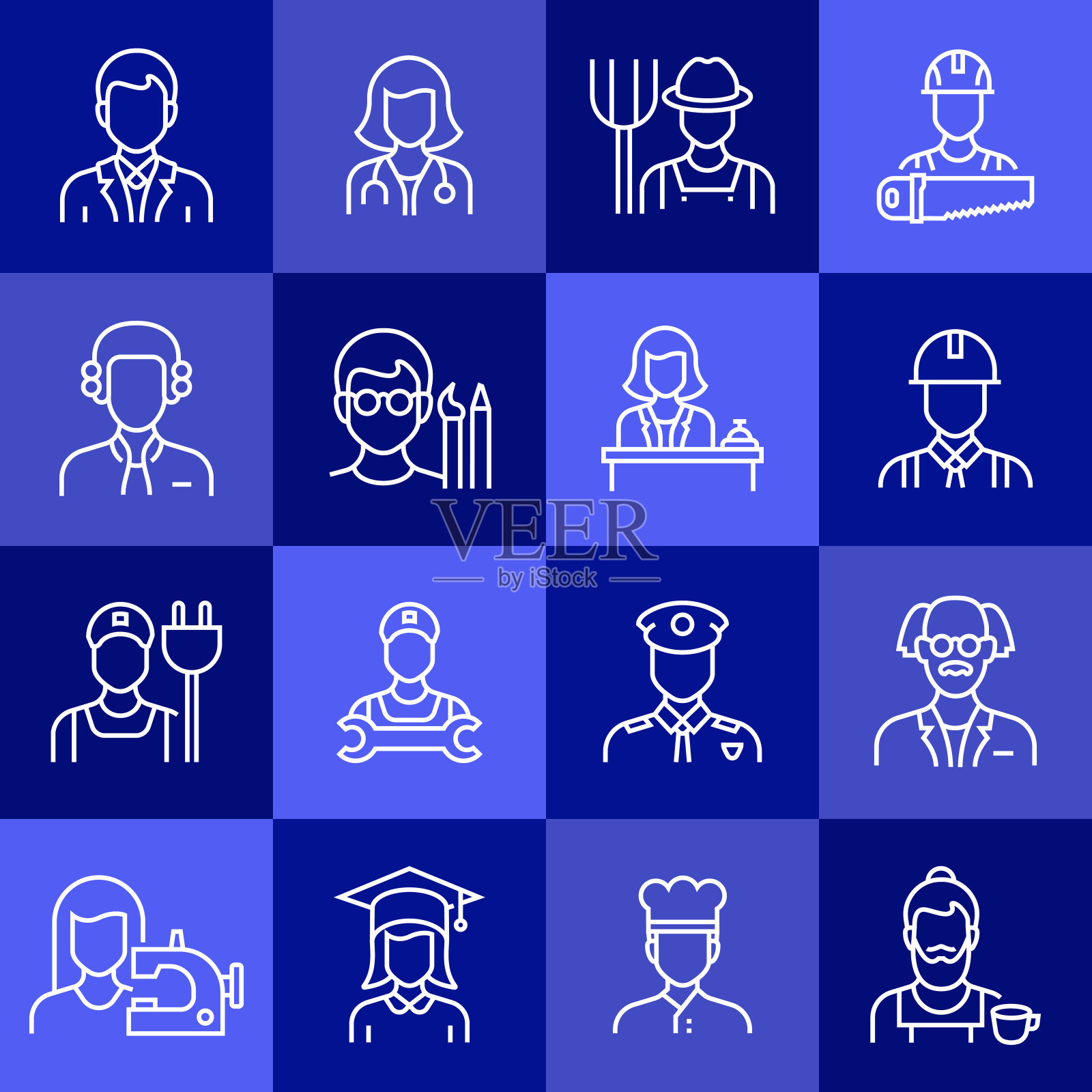 简单的职业和头像相关的矢量线图标。大纲符号集合。插画图片素材