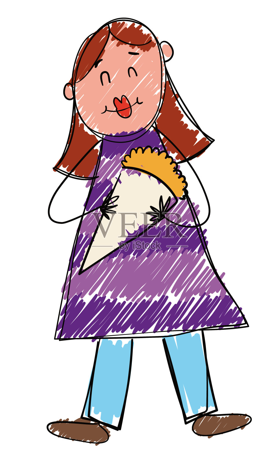 拿着花束的涂鸦风格可爱的女人设计元素图片