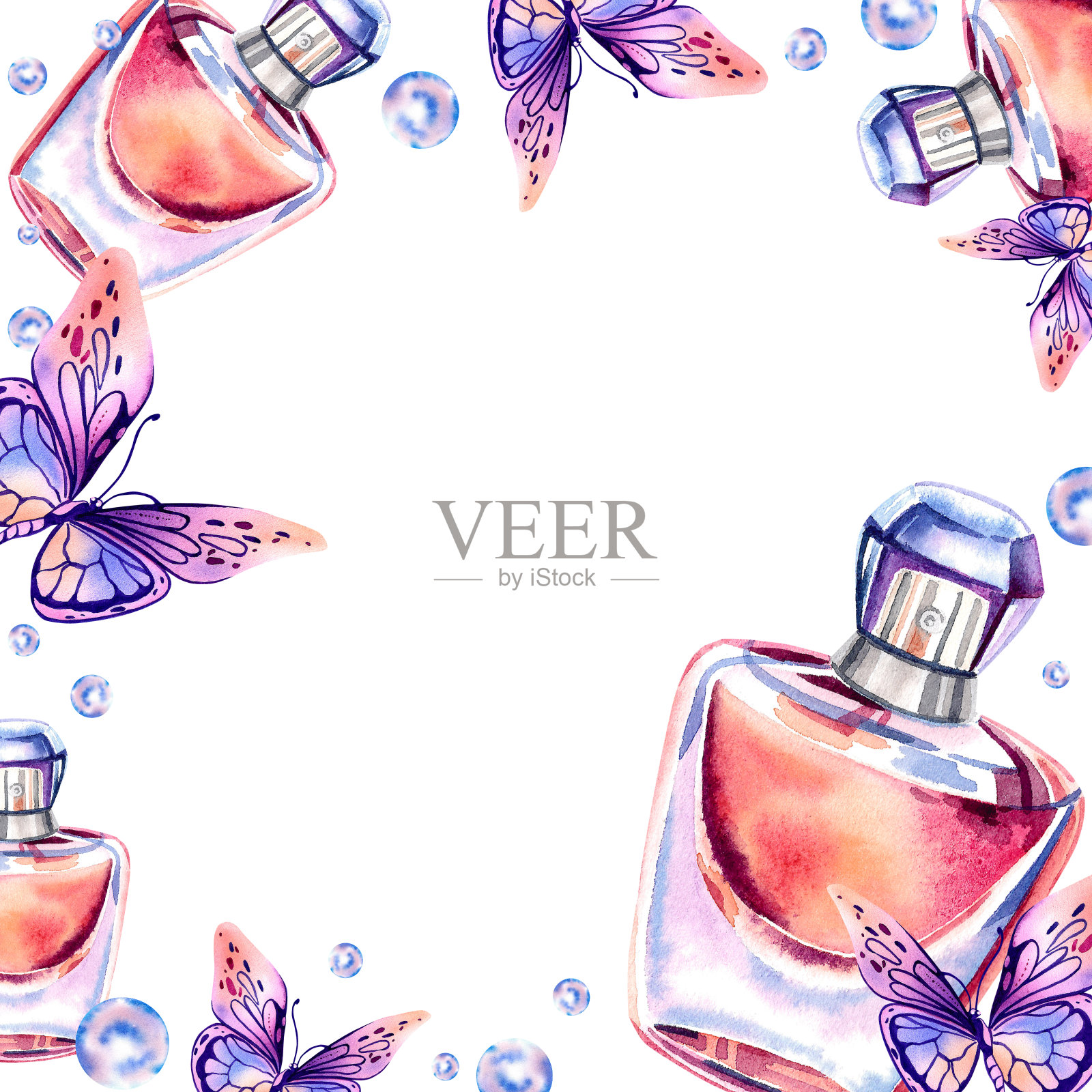 一框橙色香水,大闪蝶和珍珠珠。水彩插图在一个孤立的背景。横幅。美丽和时尚。插画图片素材