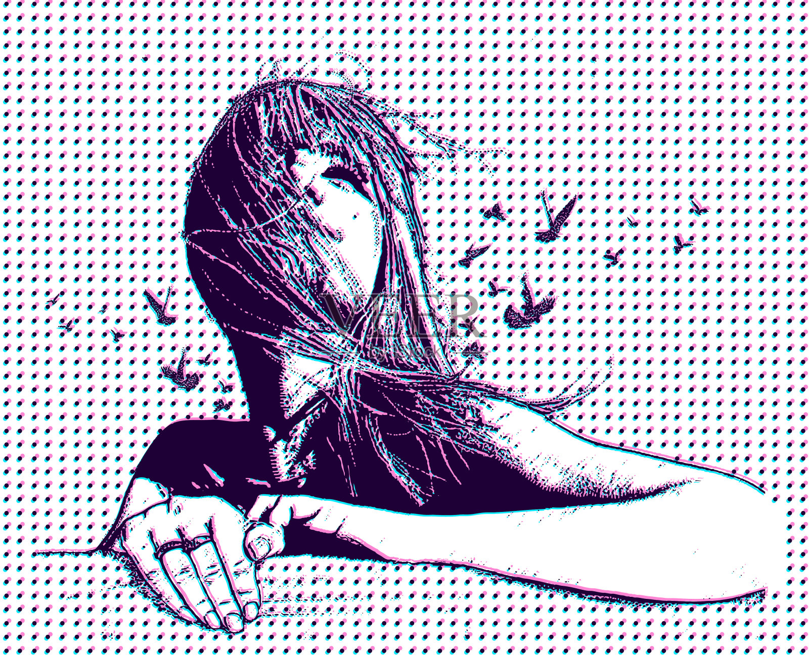 美丽的女人享受夏天的微风在海滩与故障技术插画图片素材