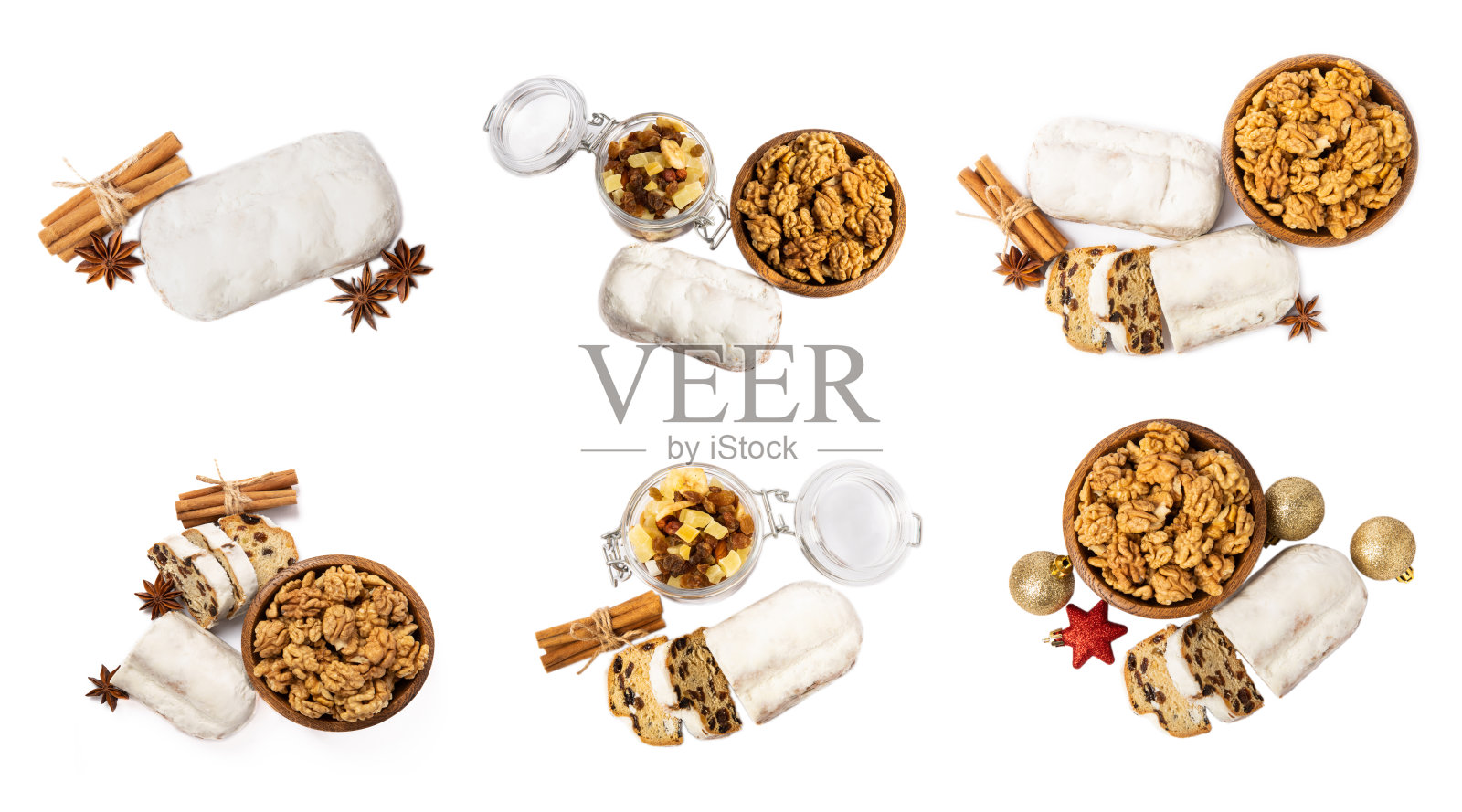 圣诞果子甜面包。圣诞蛋糕孤立在白色背景。传统的圣诞节日糕点甜点。圣诞礼物照片摄影图片