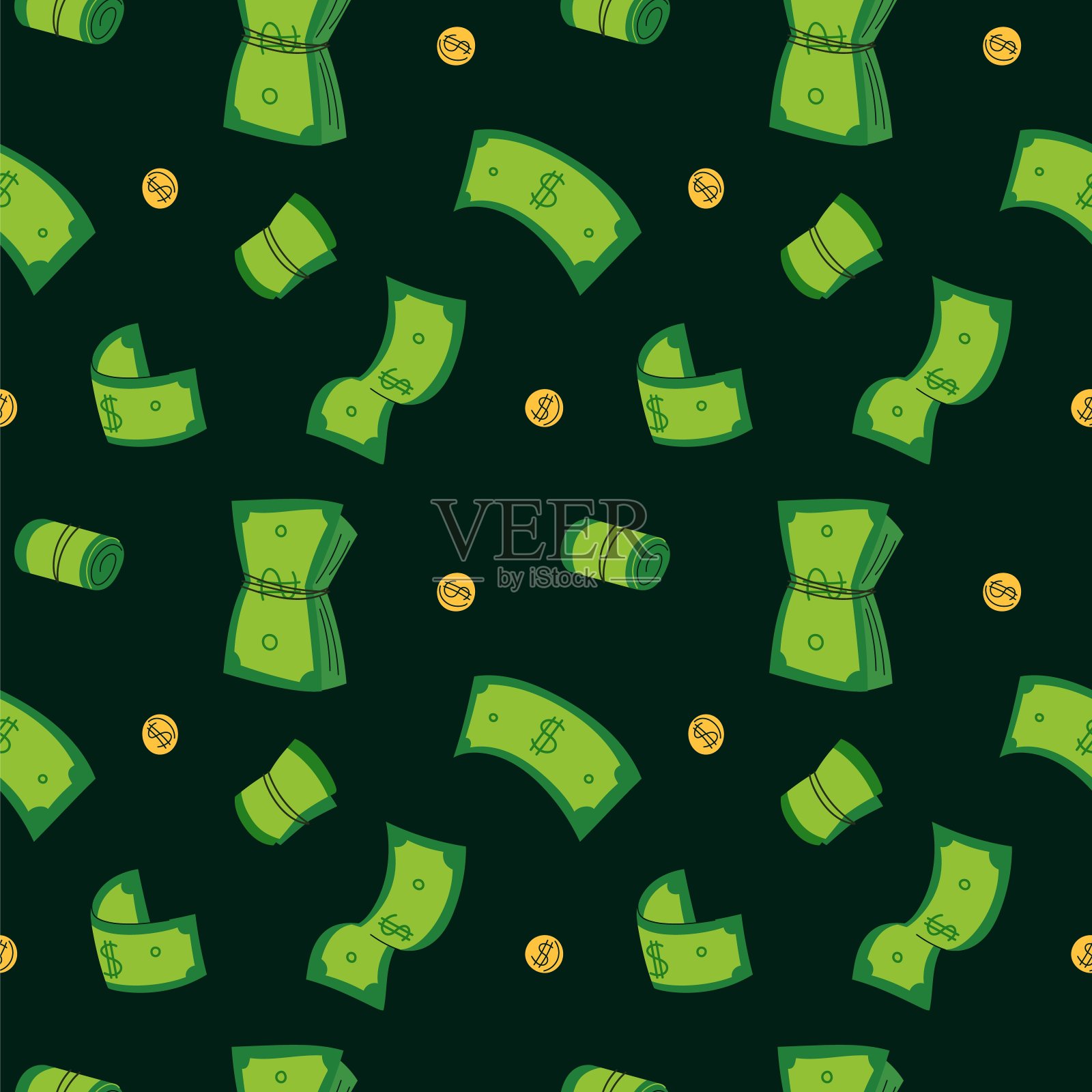 卡通硬币和纸币图案无缝衔接。钞票反复印。美元和美分。飞行现金货币。金融的成功。储蓄和投资利润。花哨的矢量背景插画图片素材