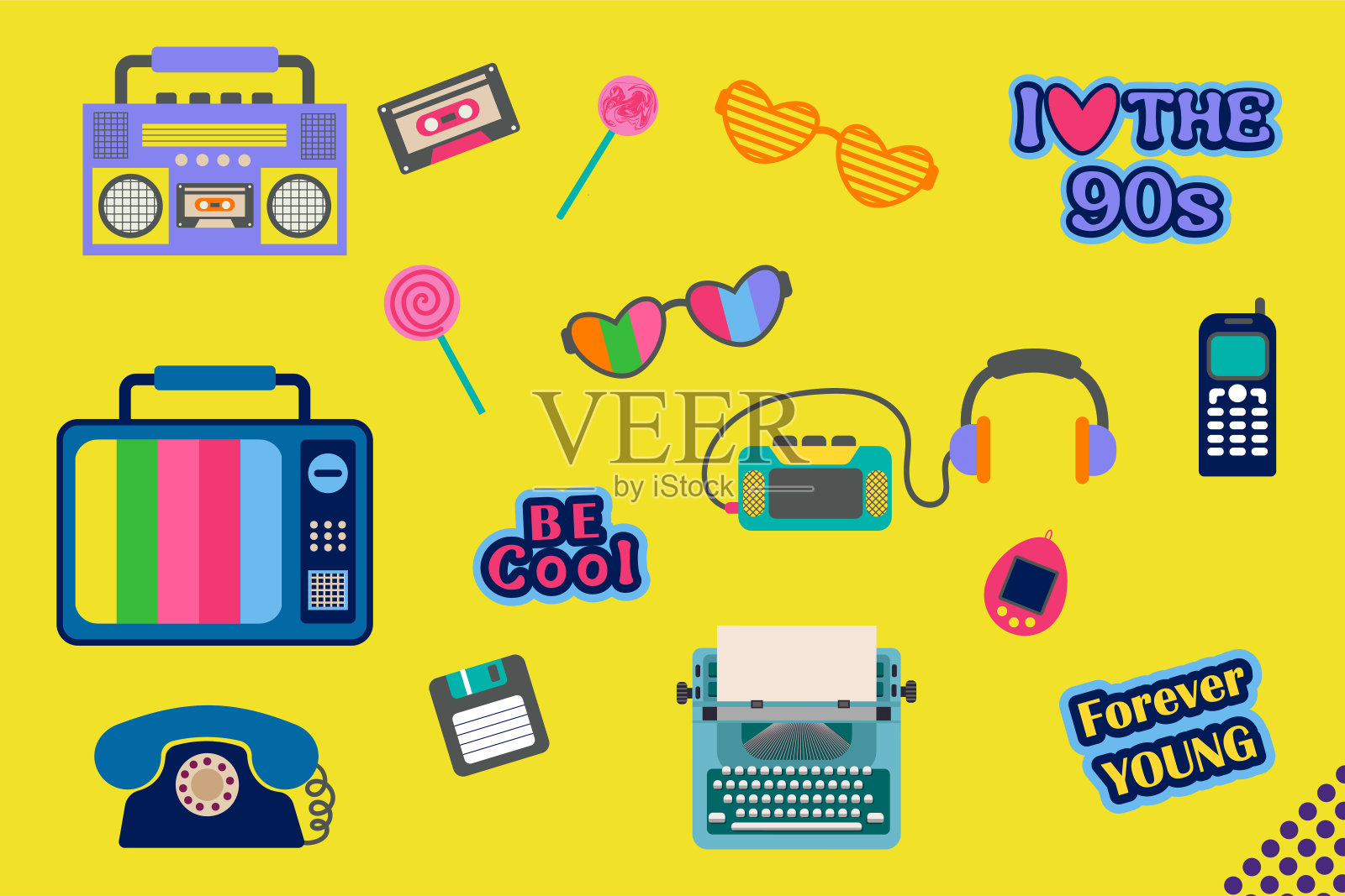 一套90年代的复古设备在现代孟菲斯风格。矢量插图。怀念90年代。插画图片素材