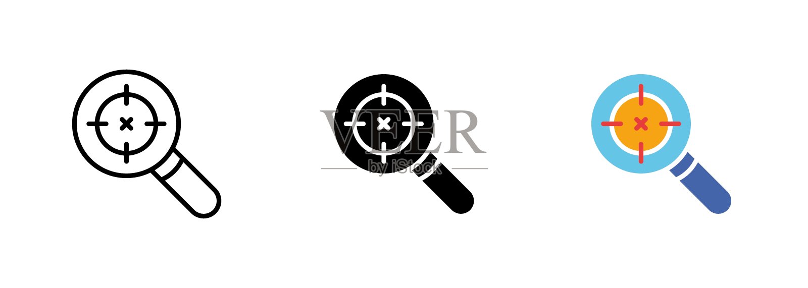一种放大镜,镜内有一个十字准星图标,代表瞄准或聚焦的概念。矢量集的图标在线,黑色和彩色风格隔离。插画图片素材