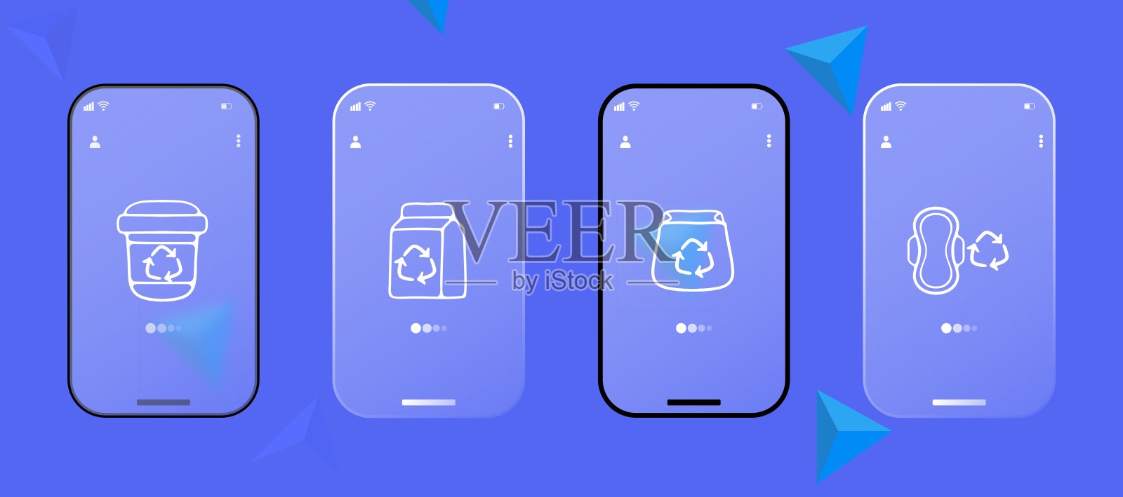 一套回收图标。环保标志,废物管理标志,回收箱。环保的概念。Glassmorphism。UI手机应用界面。矢量线图标的业务插画图片素材