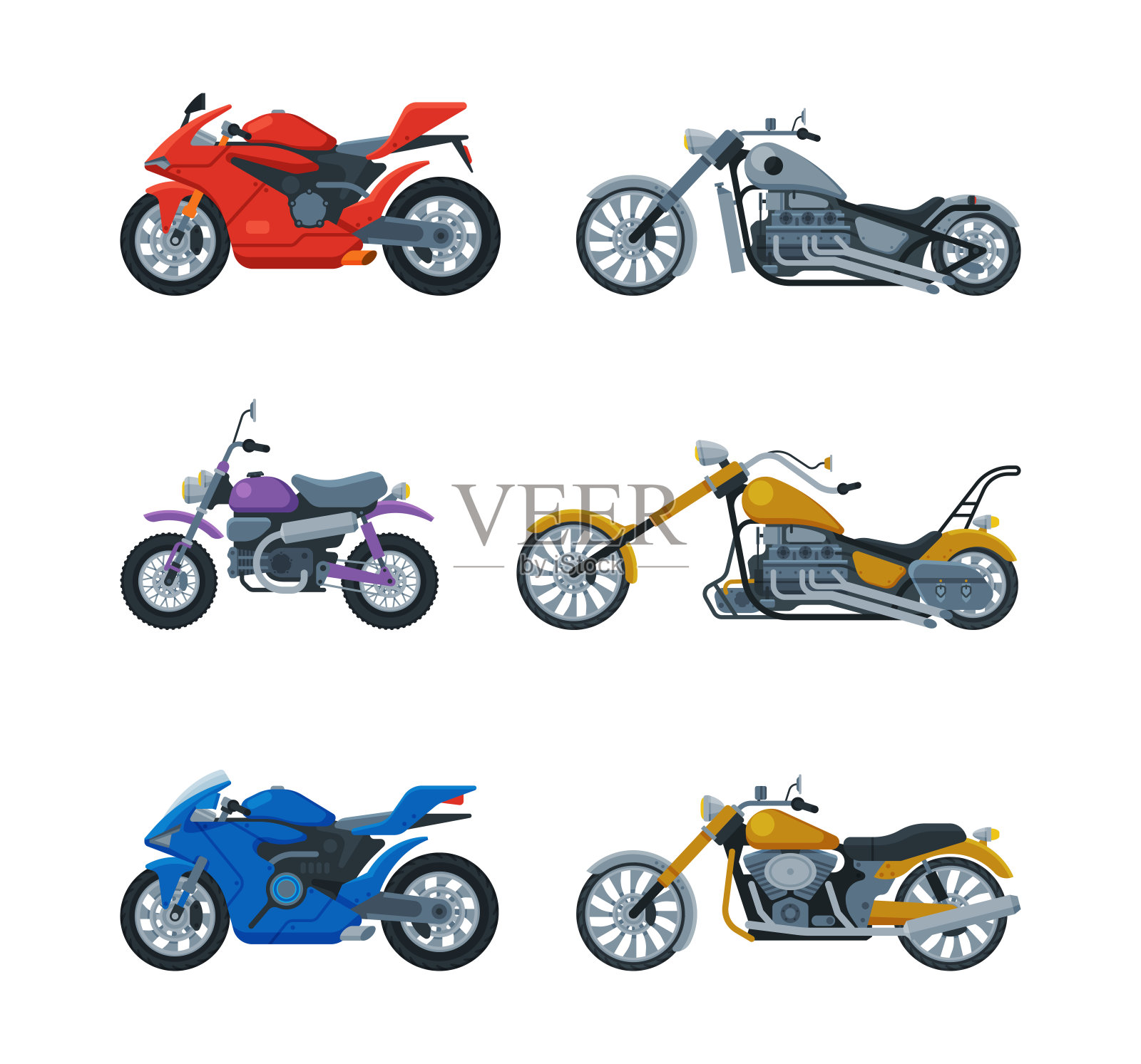摩托车或摩托车类型作为两轮机动车侧面视图矢量集插画图片素材