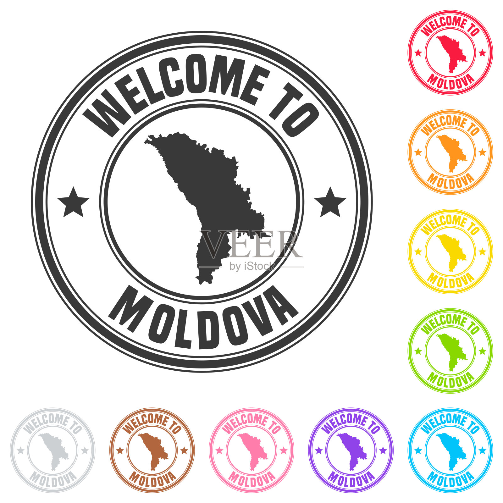 欢迎来到摩尔多瓦邮票-白底彩色徽章插画图片素材
