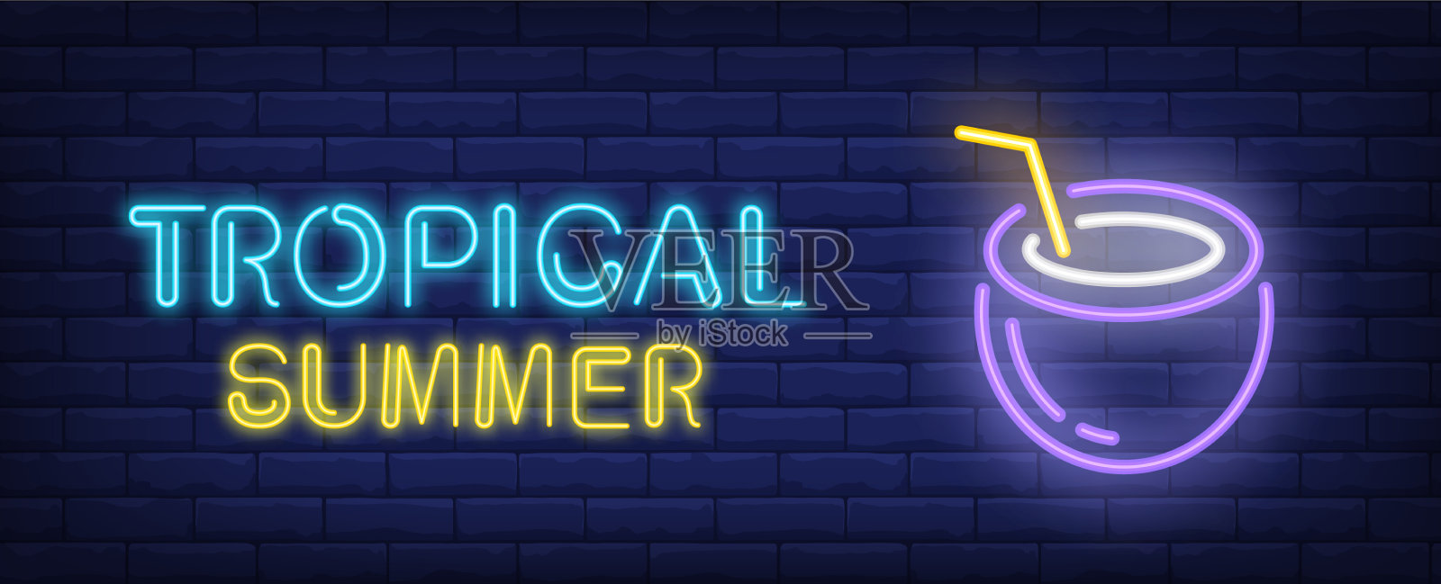 热带夏季霓虹风格刻字椰子插画图片素材