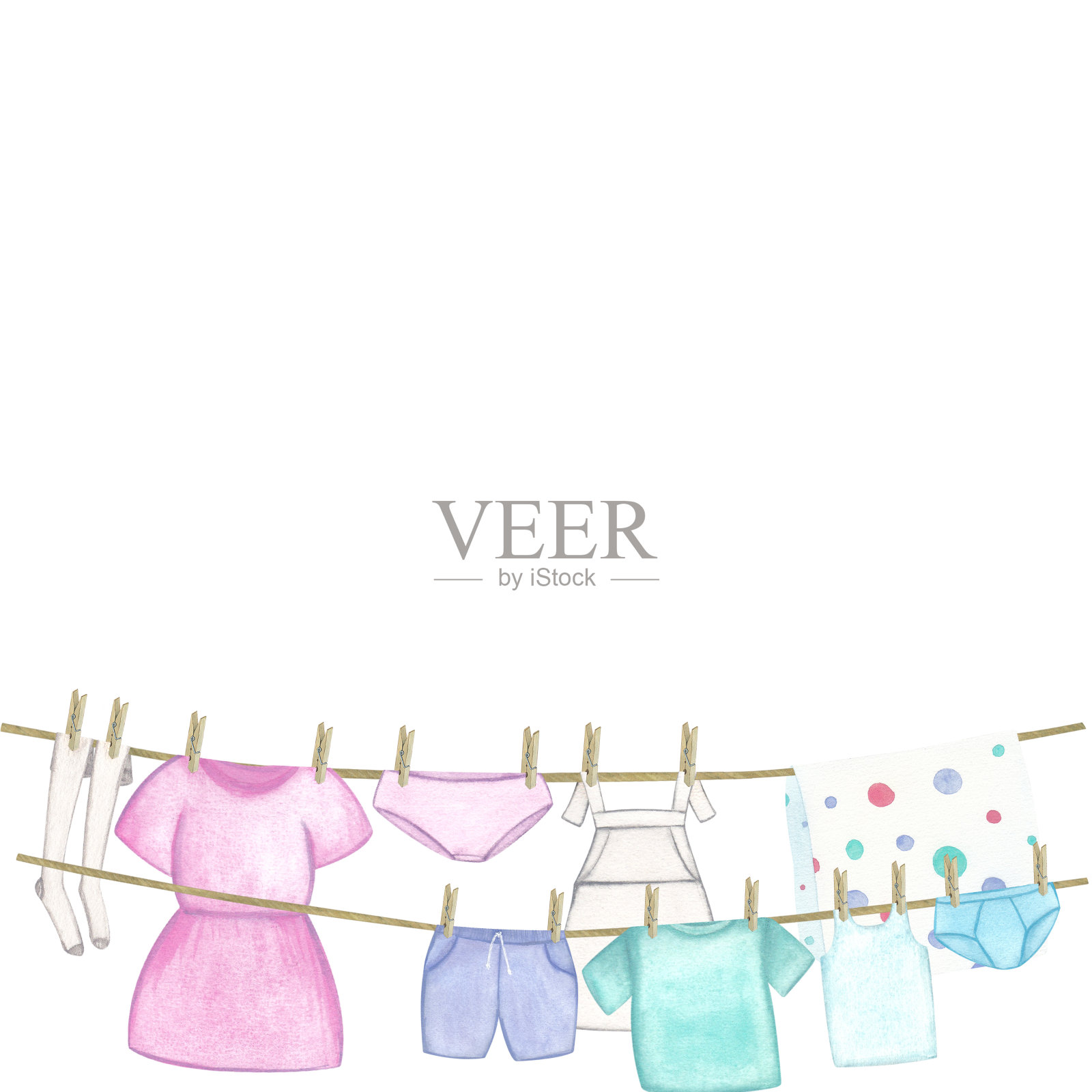 衣服。模板,床上用品和衣服,连衣裙,围裙,长袜,t恤,短裤,内裤。白色背景水彩插图。手绘。的明信片插画图片素材