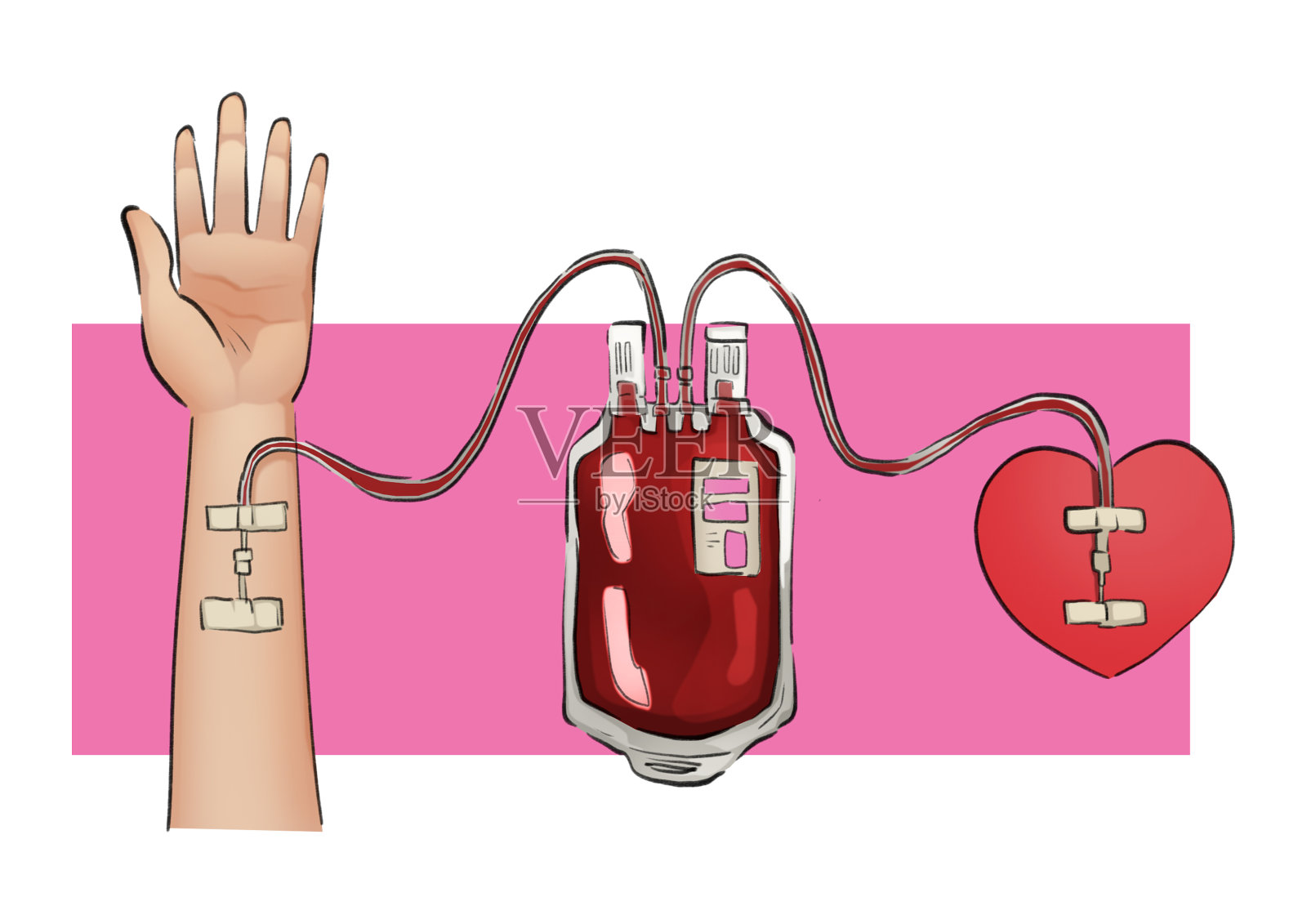 血液移植-插图-血液移植-过程-手工心脏和血液袋插画图片素材