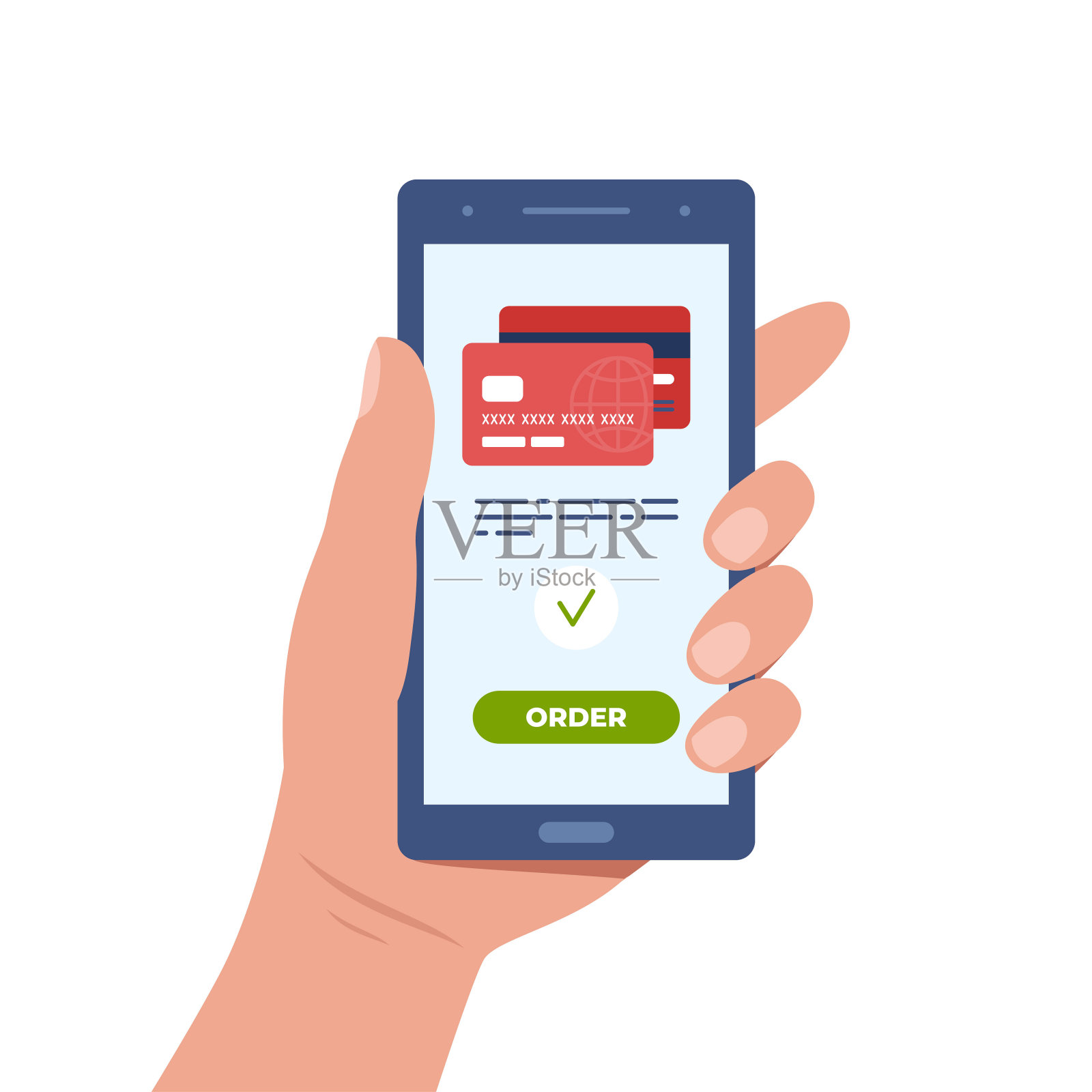 网上货币交易概念。使用智能手机移动支付。手里拿着手机和信用卡转账屏幕。新潮的扁平款式。矢量插图。插画图片素材