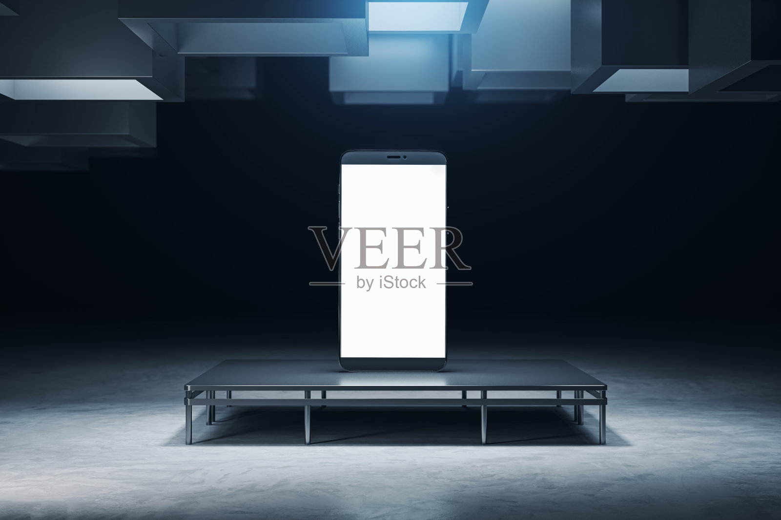 现代垃圾内饰与空白色模拟智能手机基座基座。3 d渲染。照片摄影图片