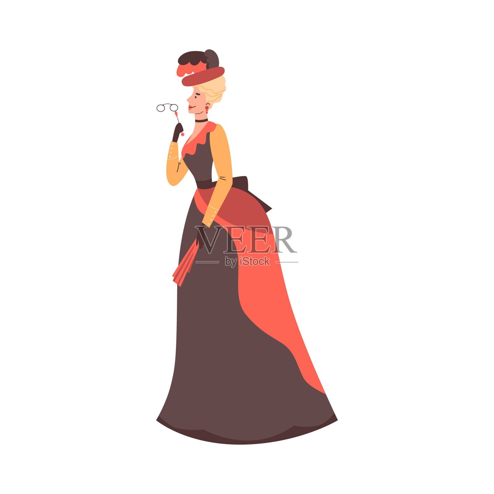 优雅的女人在维多利亚时代的衣服和帽子,平面矢量插图孤立的白色背景。插画图片素材