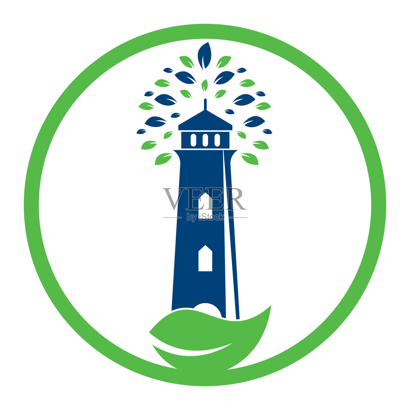 绿色灯塔标志模板设计。插画图片素材