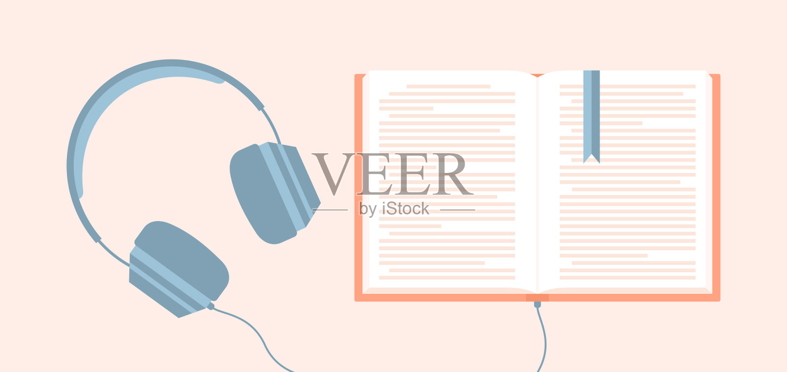 耳机连接到打开的书上。听有声书。平面矢量图插画图片素材