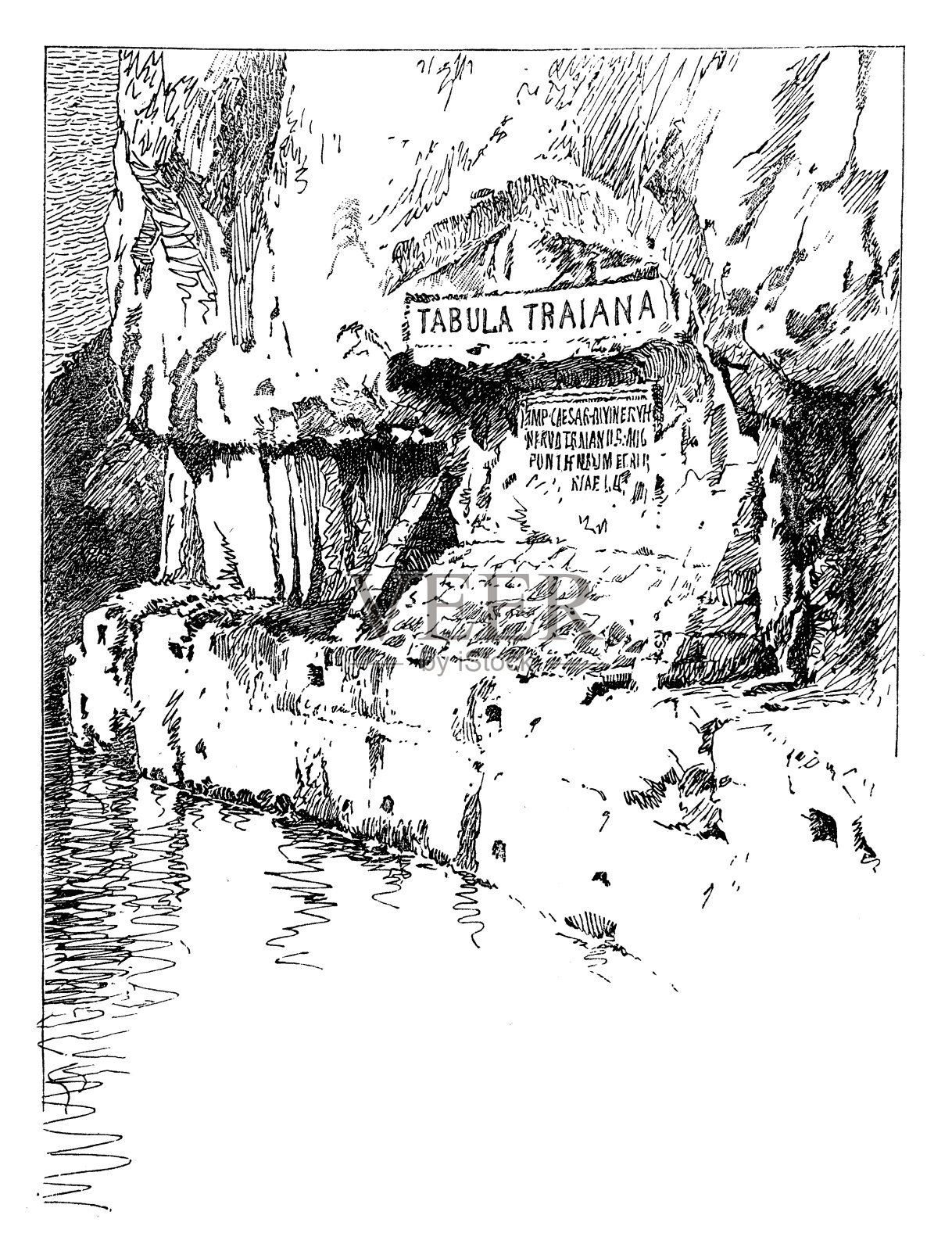 图拉真石碑,从多瑙河上看到的古代纪念碑。插画图片素材