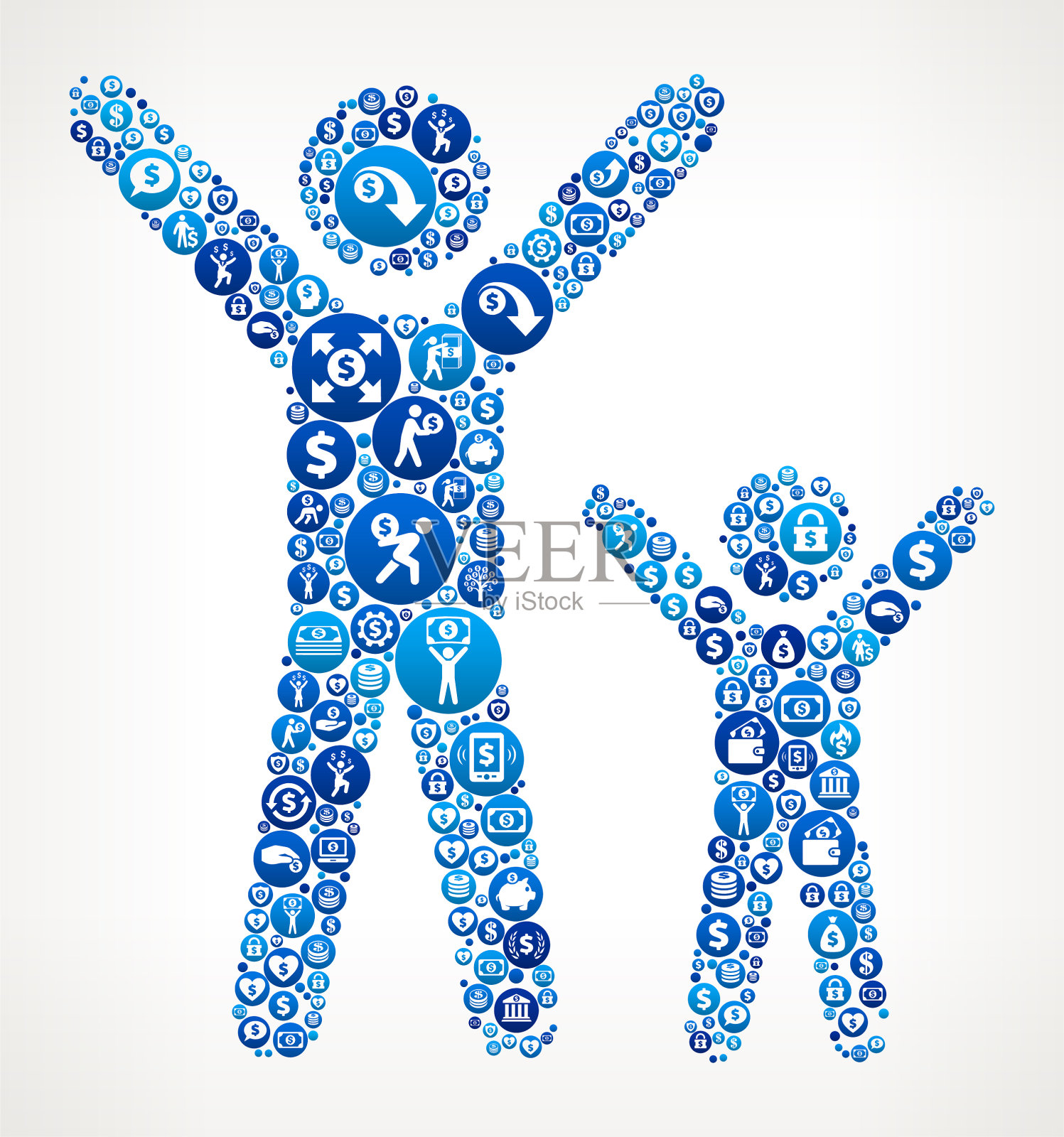 快乐的成人和儿童金钱蓝色图标模式背景插画图片素材