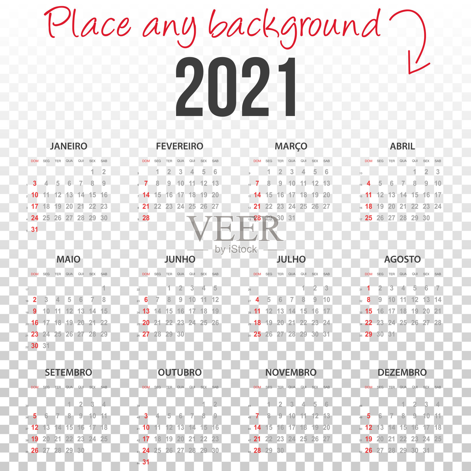 空白背景的2021年葡萄牙日历插画图片素材